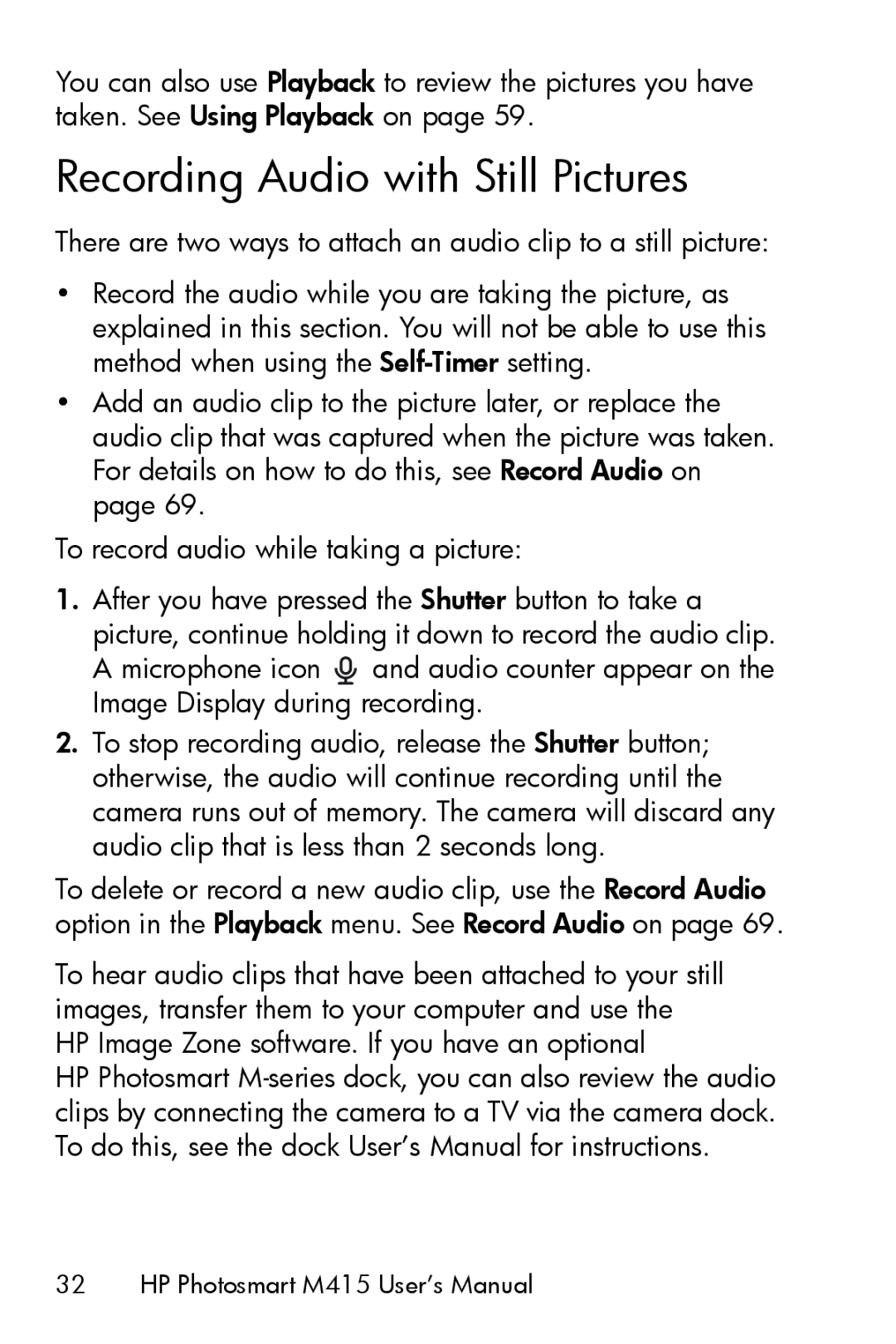 HP M415 manual Recording Audio with Still Pictures 