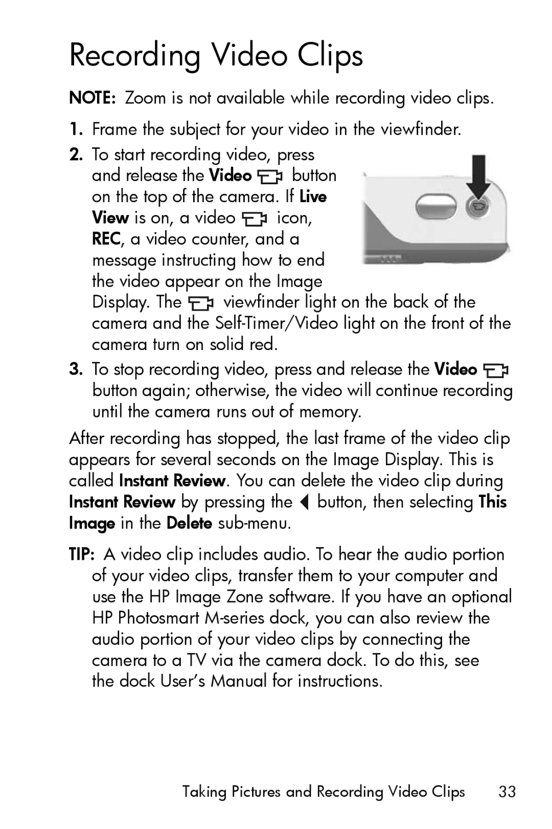 HP M415 manual Recording Video Clips 