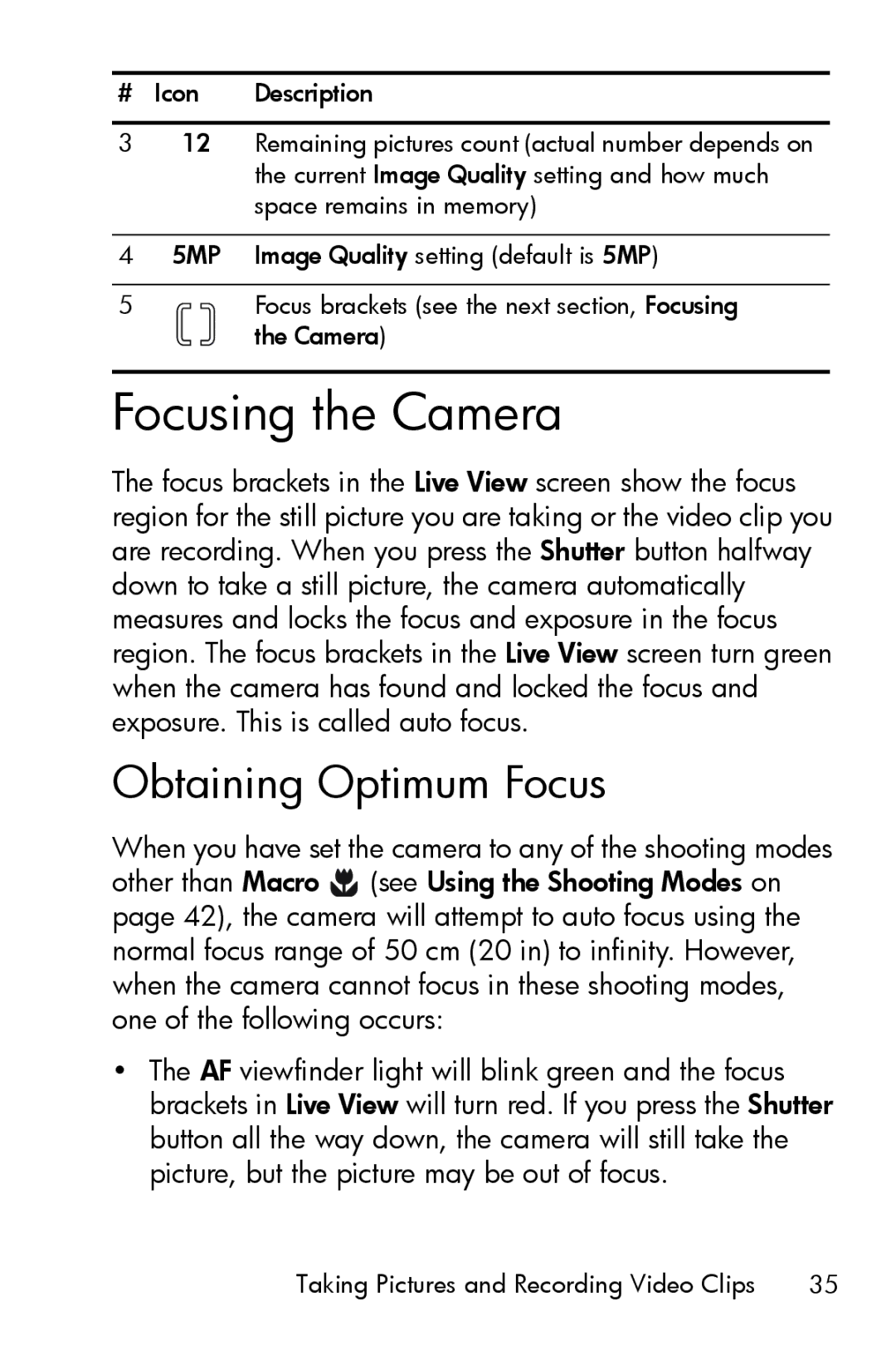 HP M415 manual Focusing the Camera, Obtaining Optimum Focus 