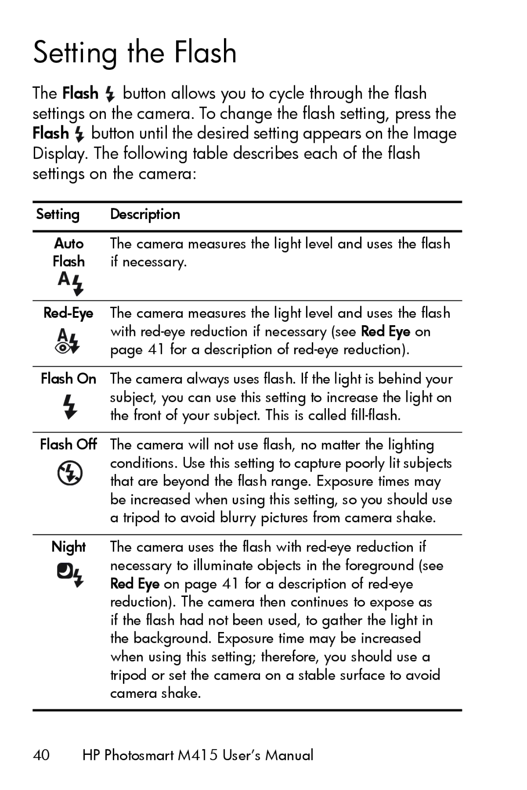 HP M415 manual Setting the Flash 