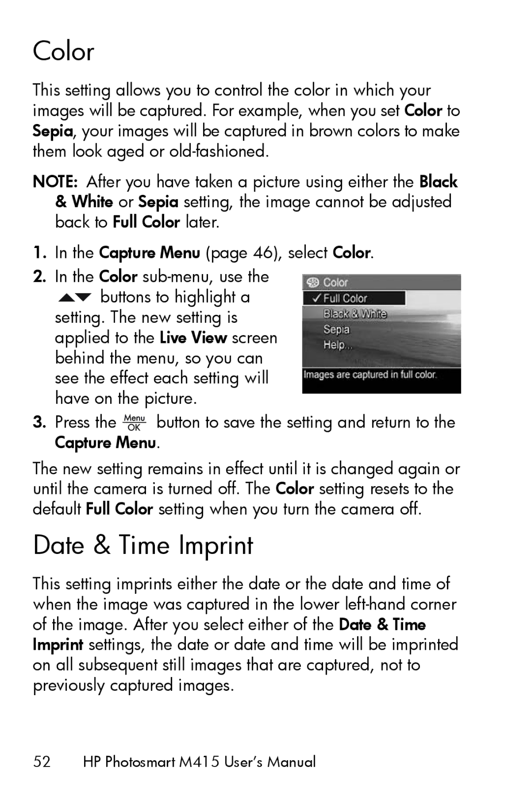HP M415 manual Color, Date & Time Imprint 
