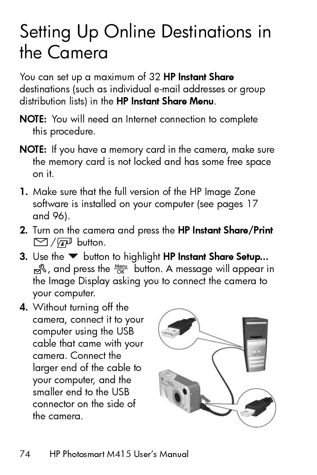 HP M415 manual Setting Up Online Destinations in the Camera 