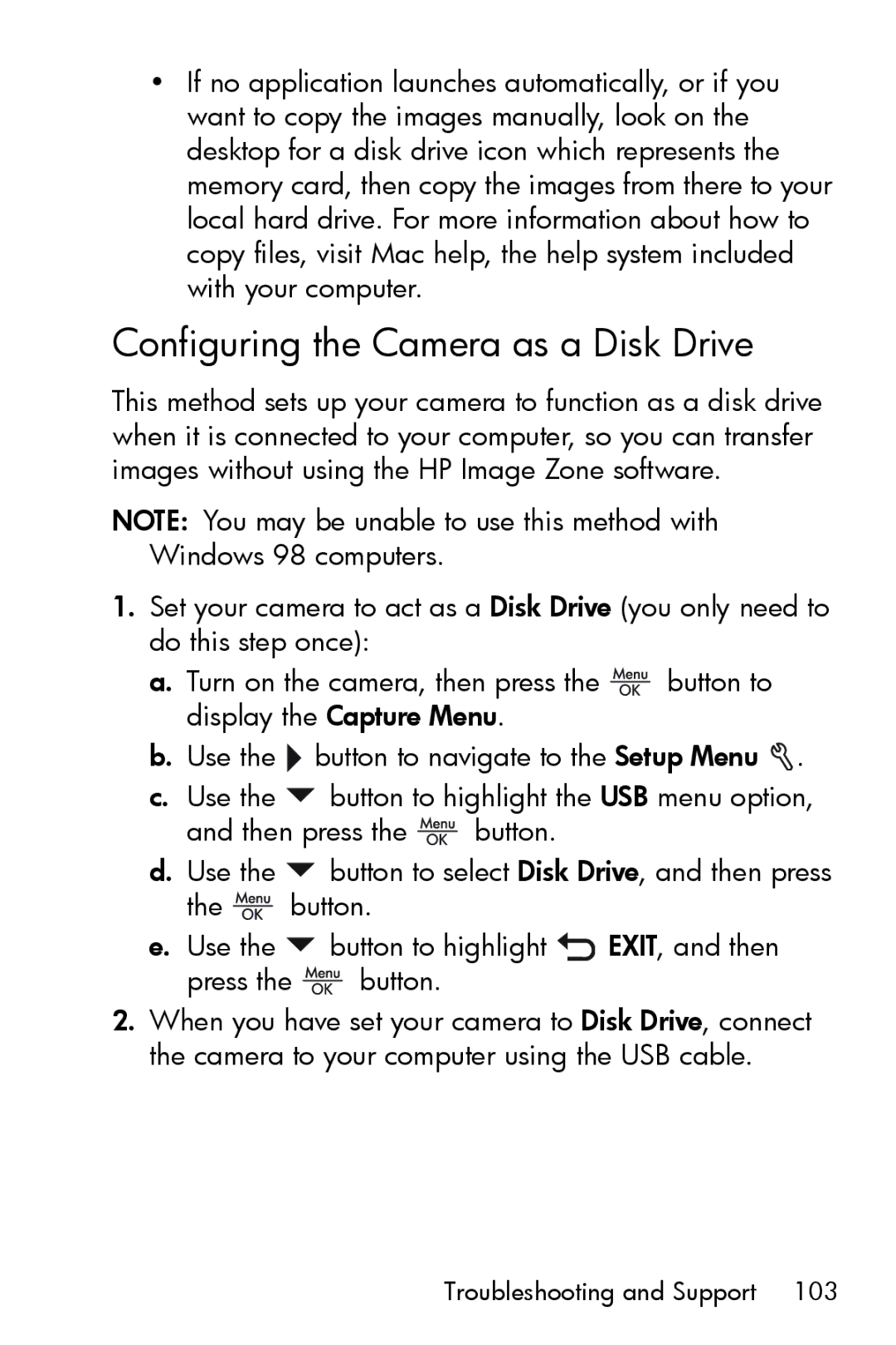 HP M517, M417 manual Configuring the Camera as a Disk Drive 