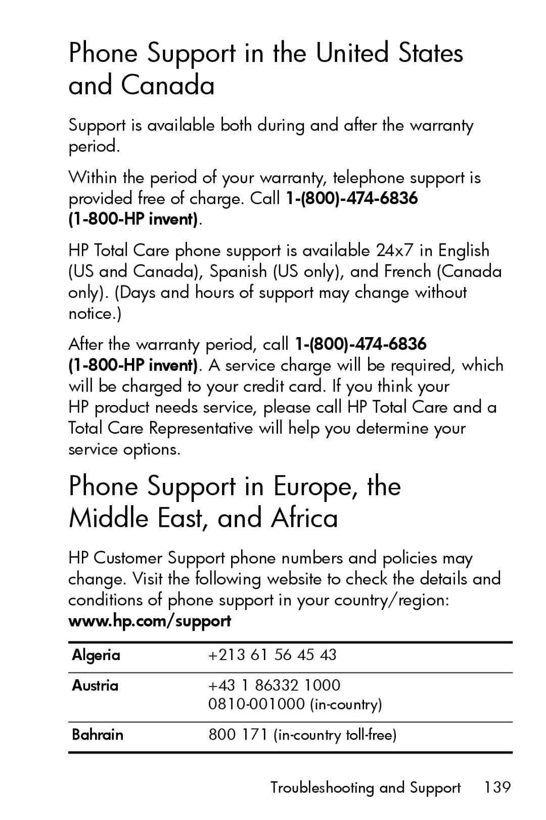 HP M517, M417 manual Phone Support in the United States and Canada, Phone Support in Europe, Middle East, and Africa 