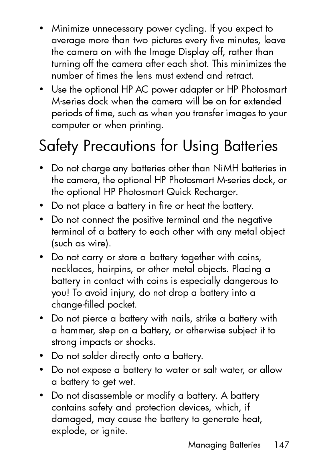 HP M517, M417 manual Safety Precautions for Using Batteries 