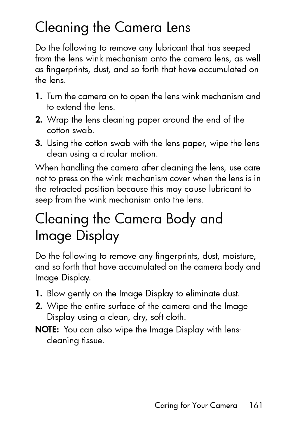 HP M517, M417 manual Cleaning the Camera Lens, Cleaning the Camera Body and Image Display 