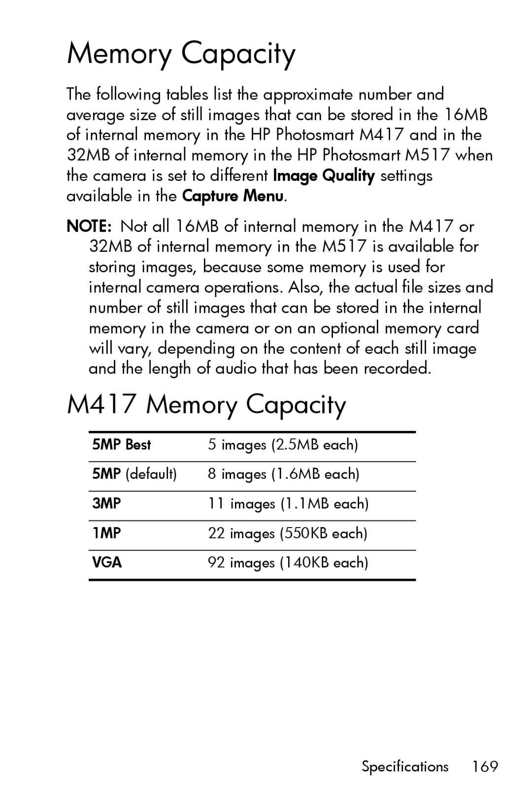 HP M517 manual M417 Memory Capacity 