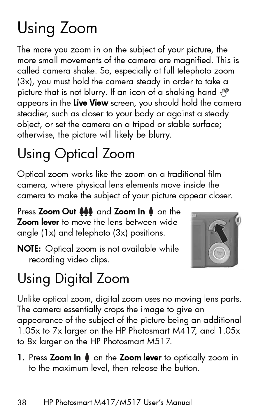 HP M417, M517 manual Using Zoom, Using Optical Zoom, Using Digital Zoom 