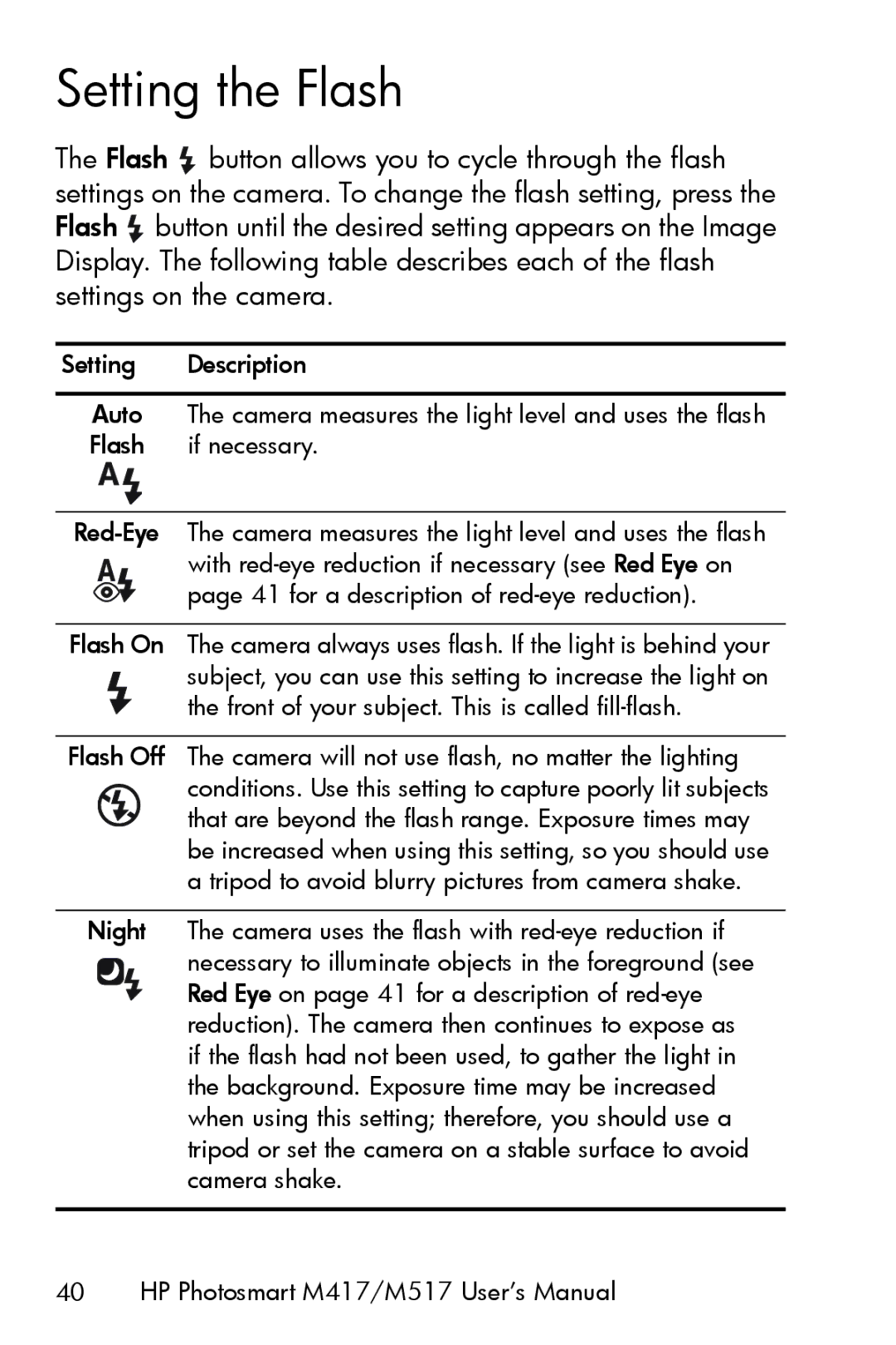 HP M417, M517 manual Setting the Flash 