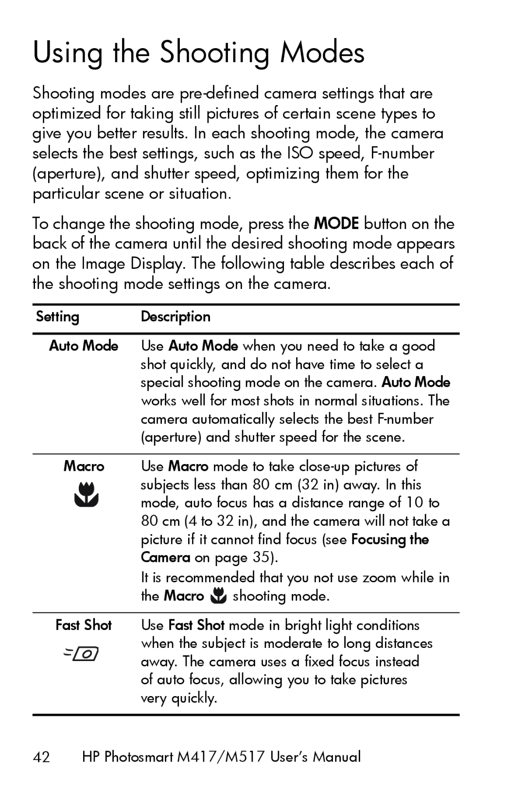 HP M417, M517 manual Using the Shooting Modes 