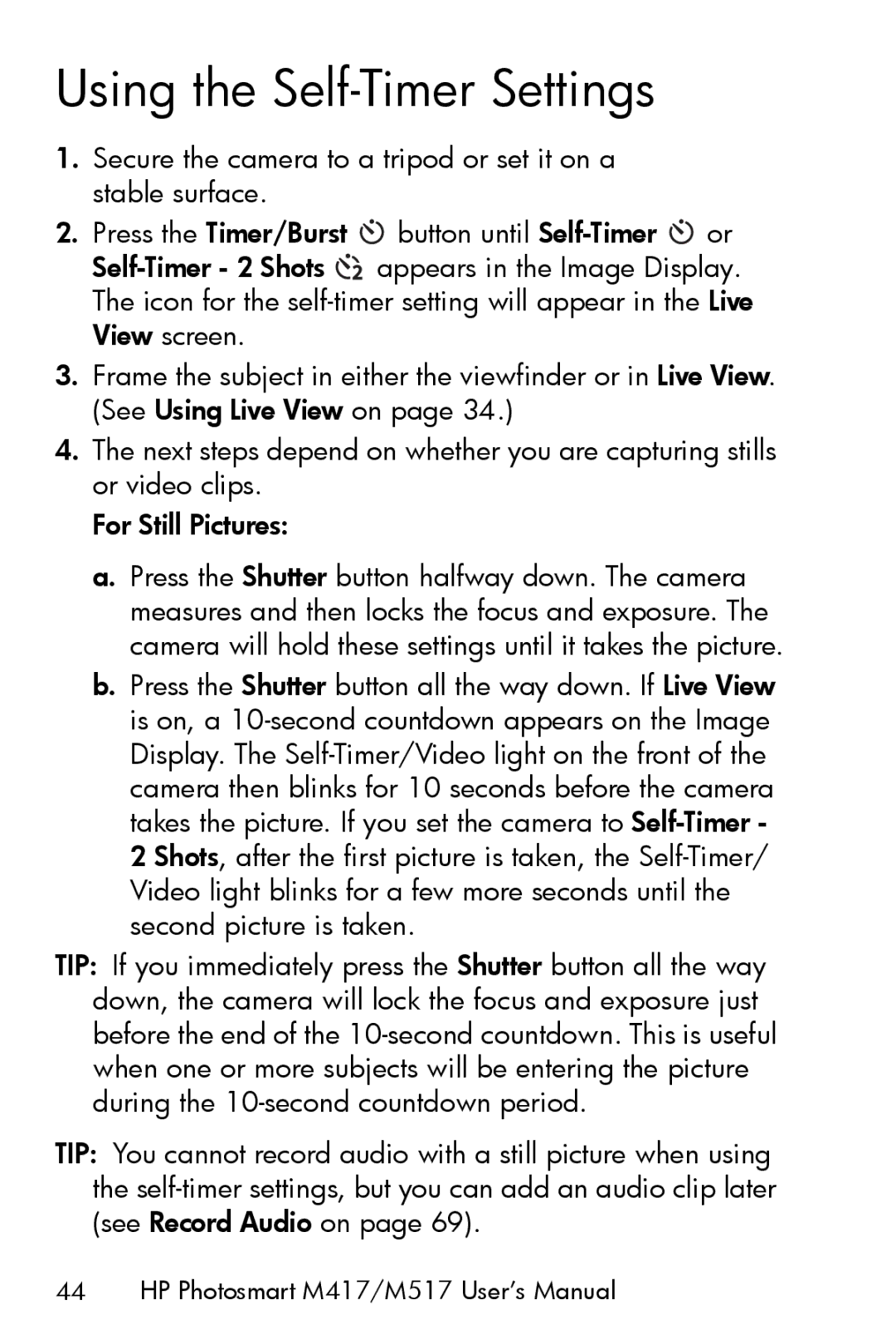 HP M417, M517 manual Using the Self-Timer Settings 