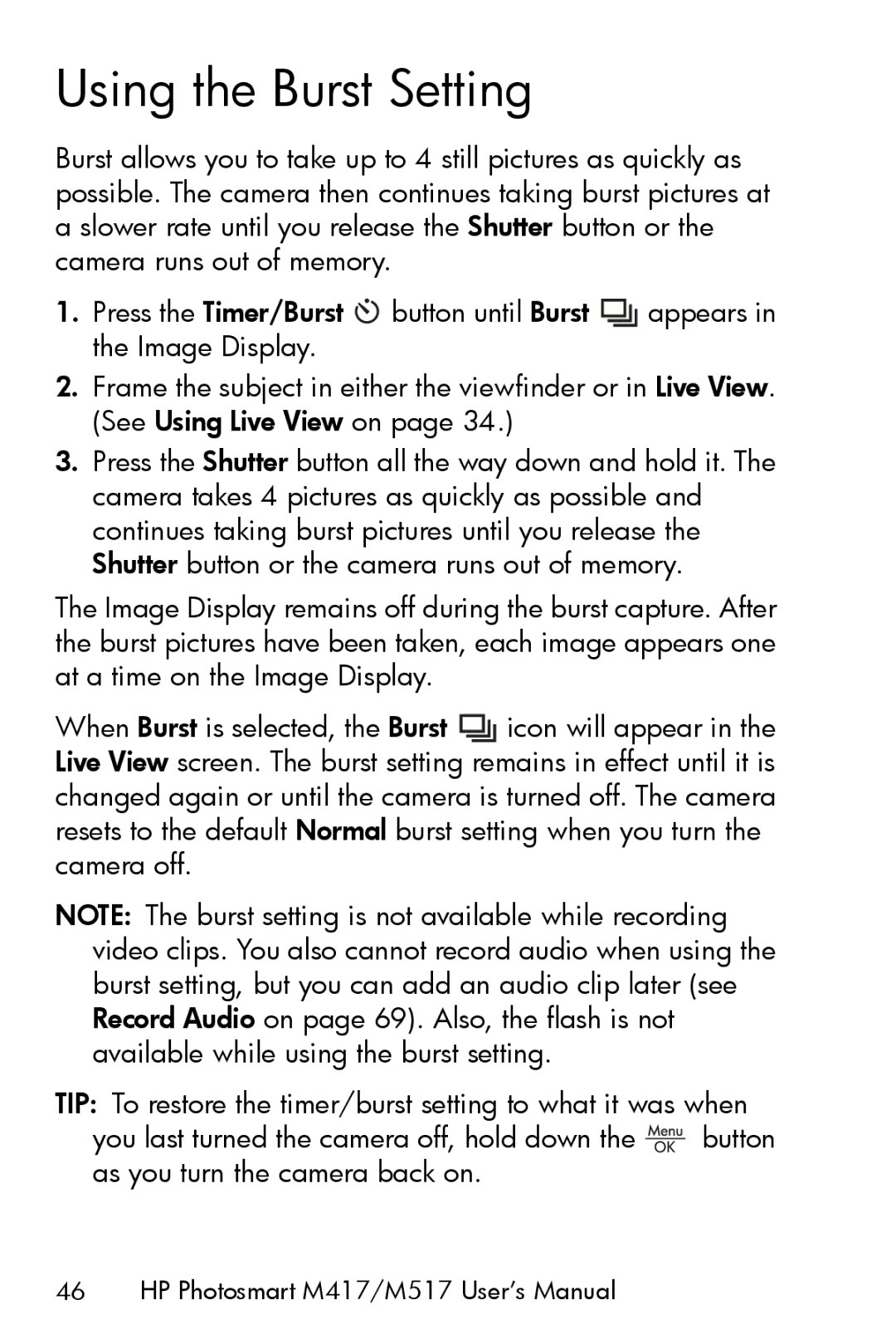 HP M417, M517 manual Using the Burst Setting 