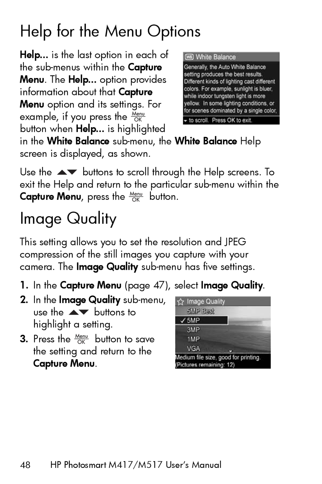 HP M417, M517 manual Help for the Menu Options, Image Quality 