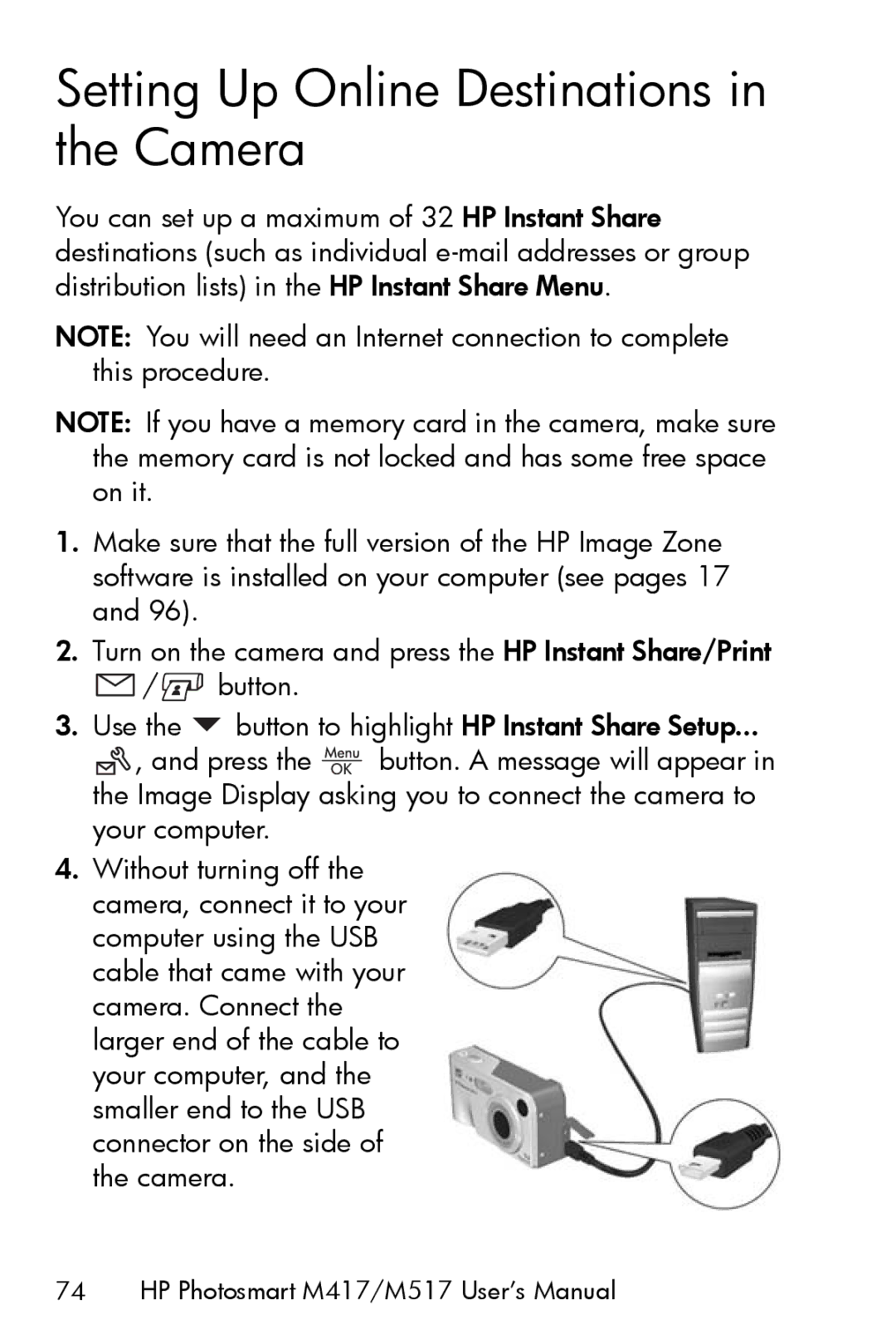 HP M417, M517 manual Setting Up Online Destinations in the Camera 