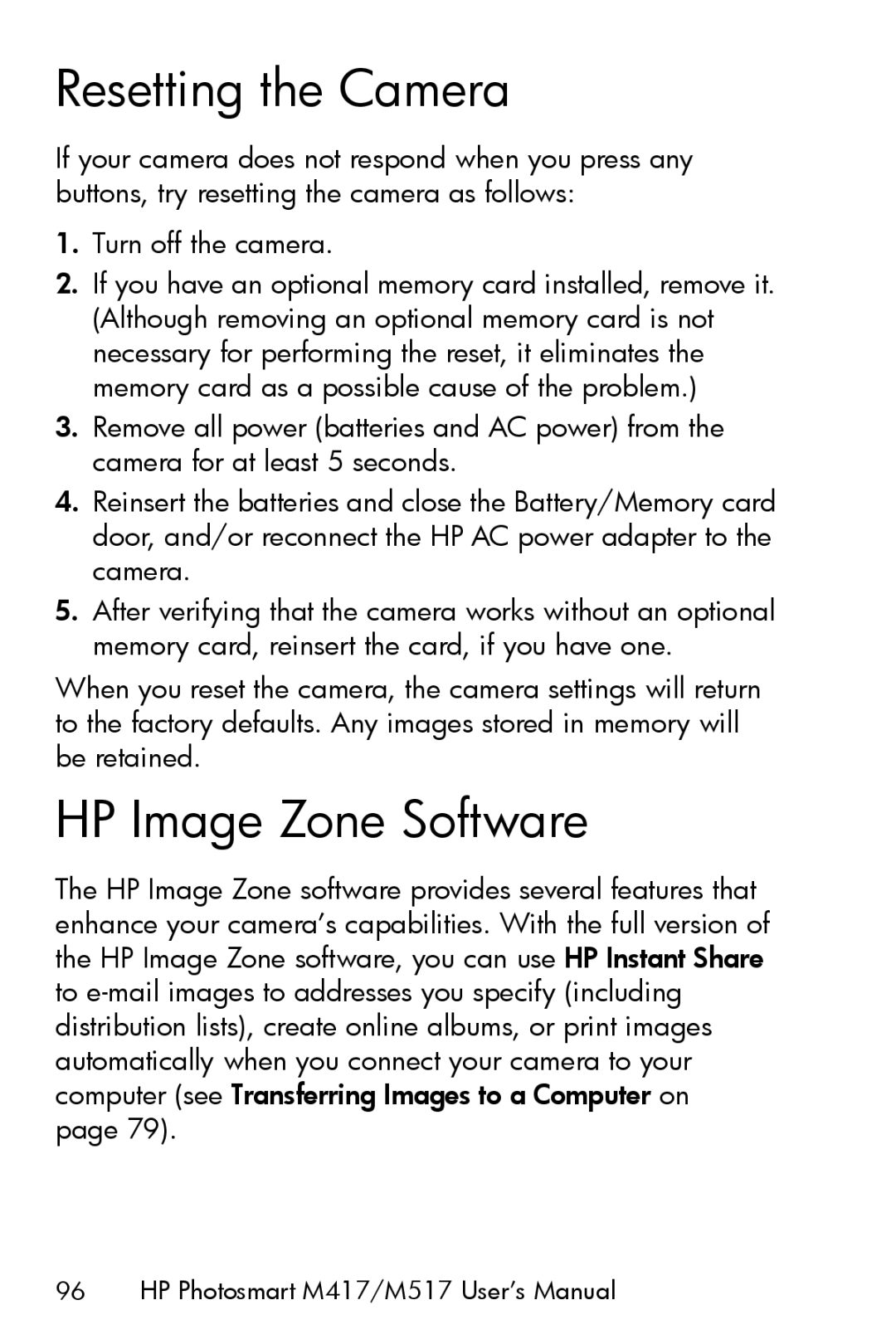 HP M417, M517 manual Resetting the Camera, HP Image Zone Software 