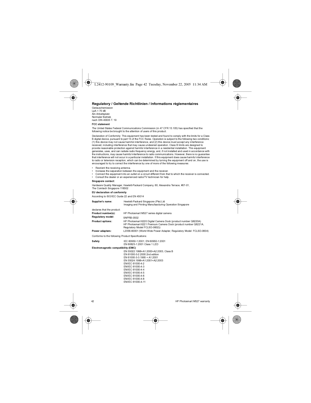 HP M425 FCC statement, Singapore contact, EU declaration of conformity, Suppliers name, Product numbers, Regulatory model 