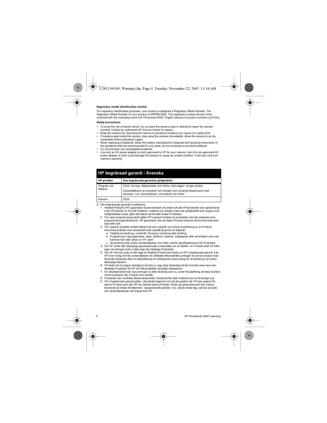 HP M425 manual HP begränsad garanti Svenska, Regulatory model identification number, Safety precautions 