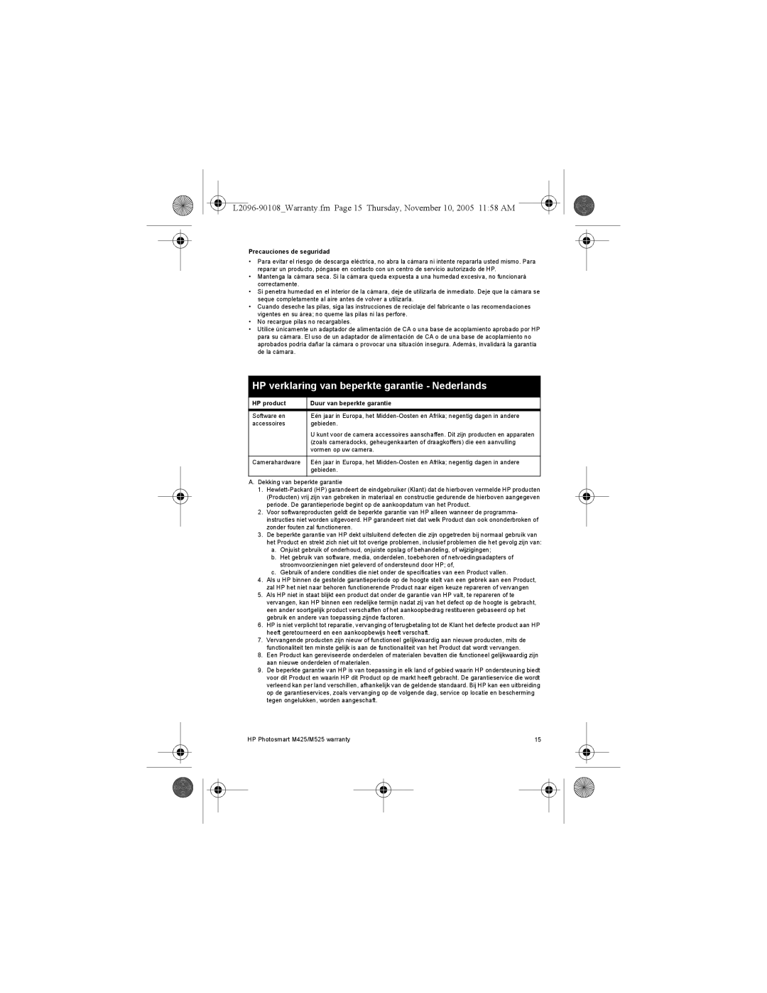 HP M425 HP verklaring van beperkte garantie Nederlands, Precauciones de seguridad, HP product Duur van beperkte garantie 