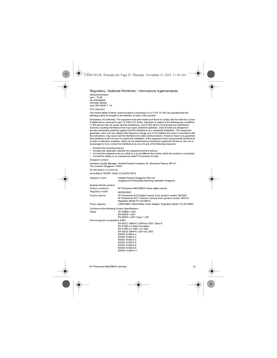 HP M425 FCC statement, Singapore contact, EU declaration of conformity, Suppliers name, Product numbers, Regulatory model 