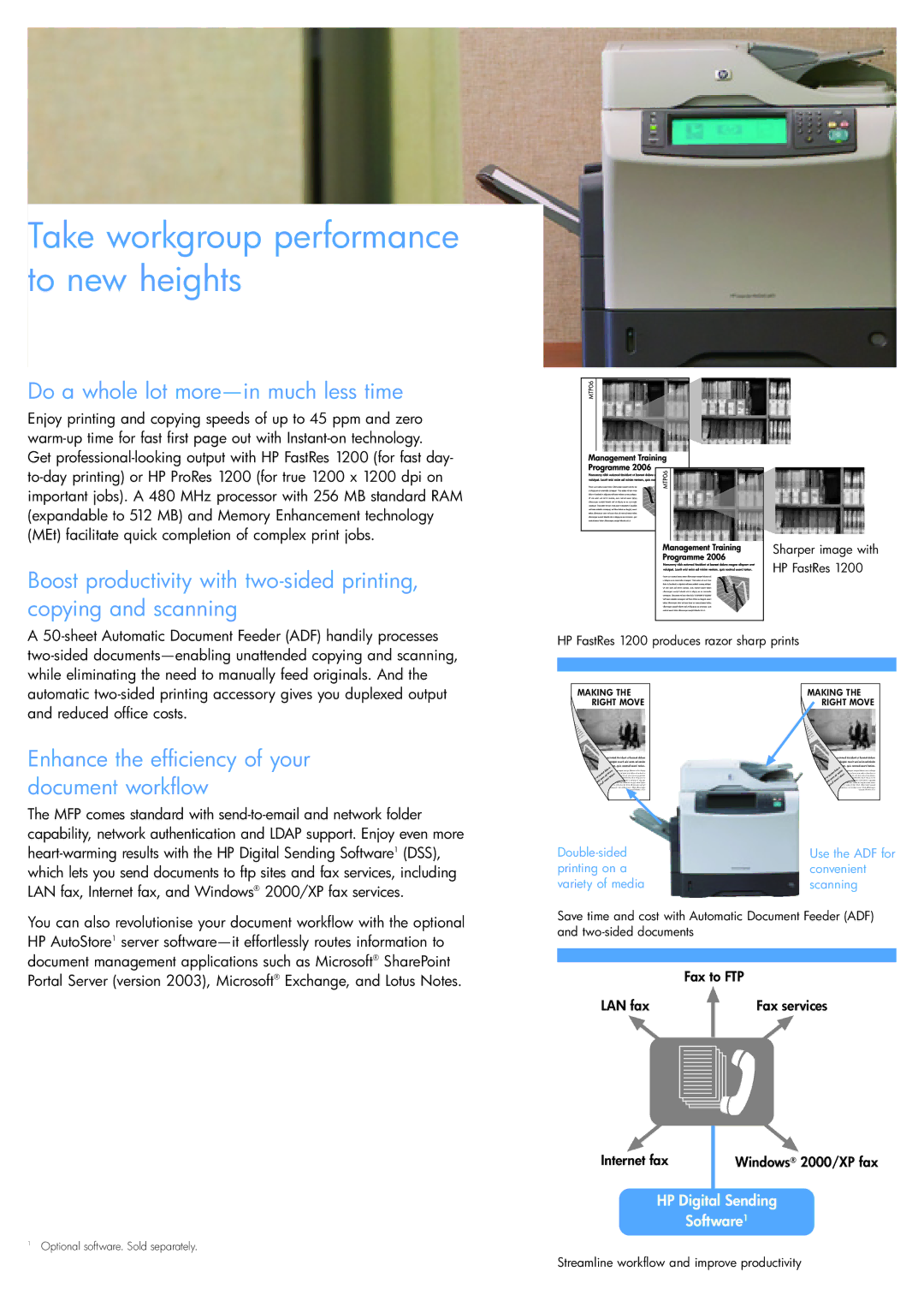 HP M4345 MFP manual Take workgroup performance to new heights, Do a whole lot more-in much less time 