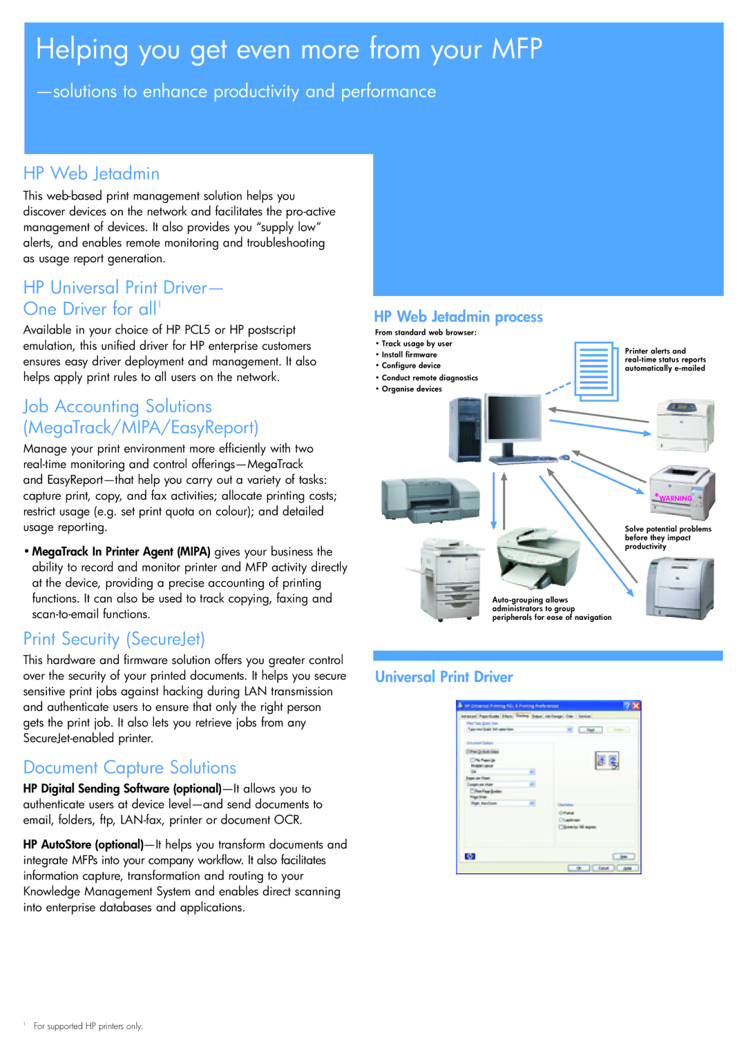 HP M4345 MFP manual Helping you get even more from your MFP, HP Web Jetadmin, HP Universal Print Driver One Driver for all1 