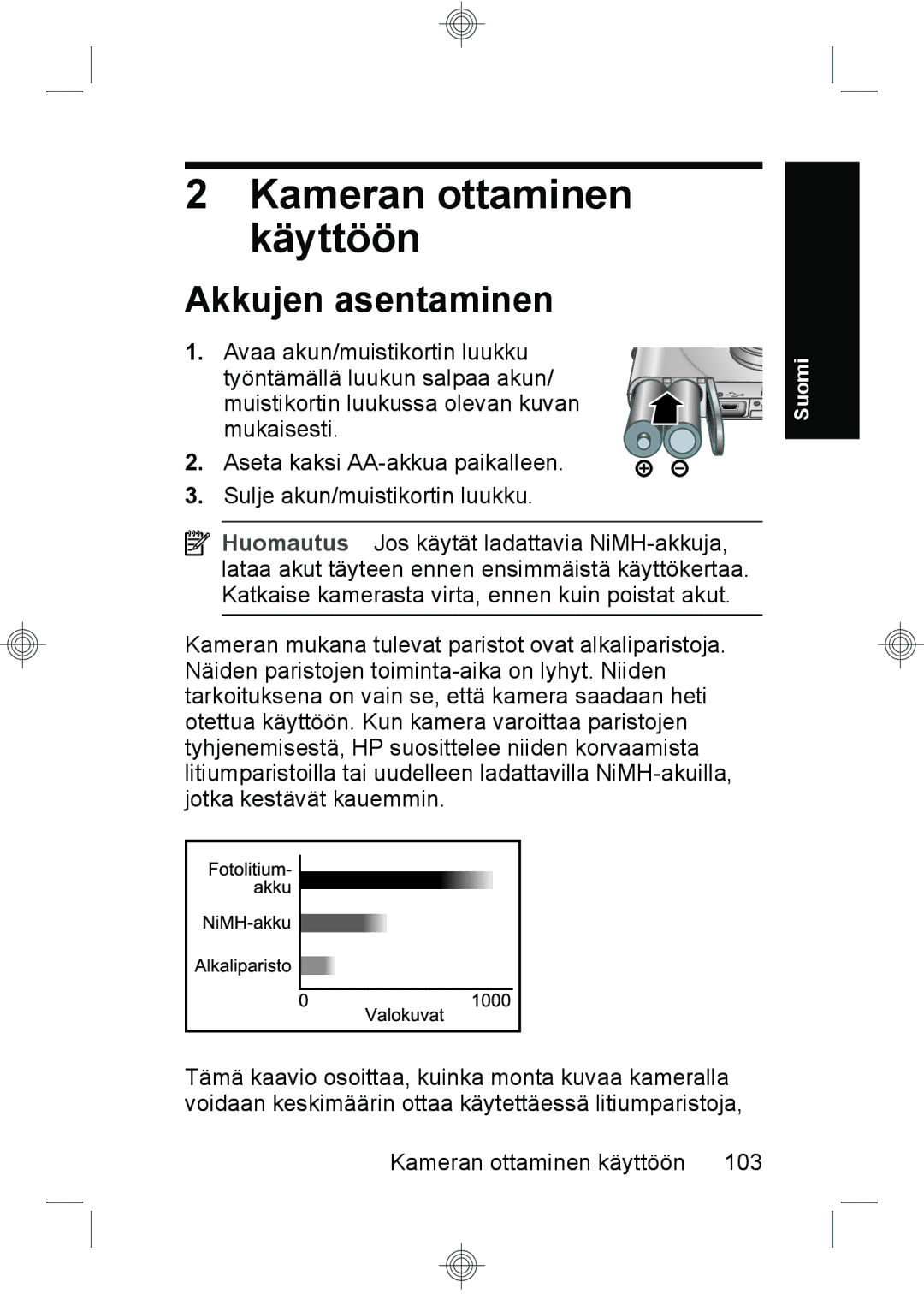 HP M540, M440, M630 manual Kameran ottaminen käyttöön, Akkujen asentaminen 