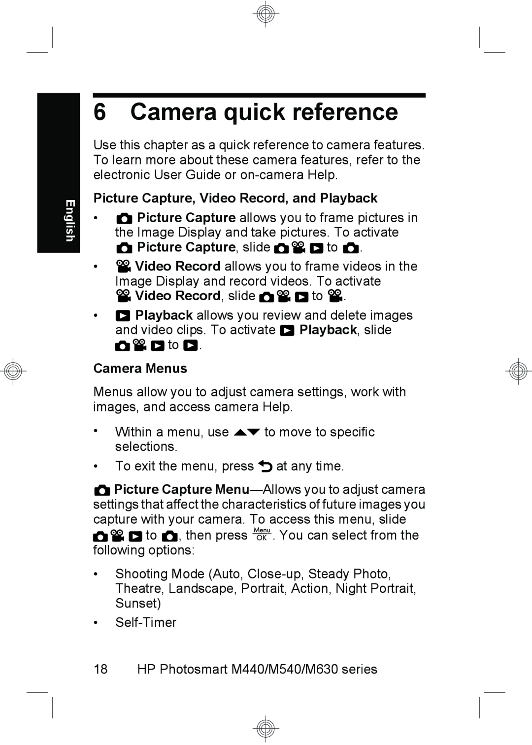 HP M440, M540 Camera quick reference, Picture Capture, Video Record, and Playback, Video Record, slide to, Camera Menus 