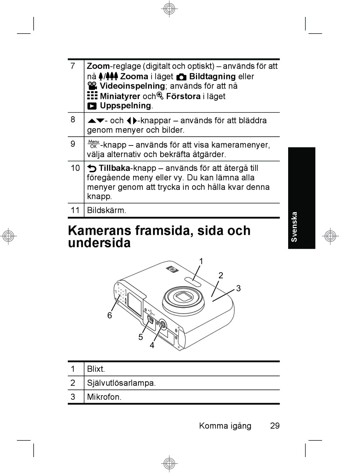 HP M630, M440, M540 manual Kamerans framsida, sida och undersida, Miniatyrer och Förstora i läget Uppspelning 