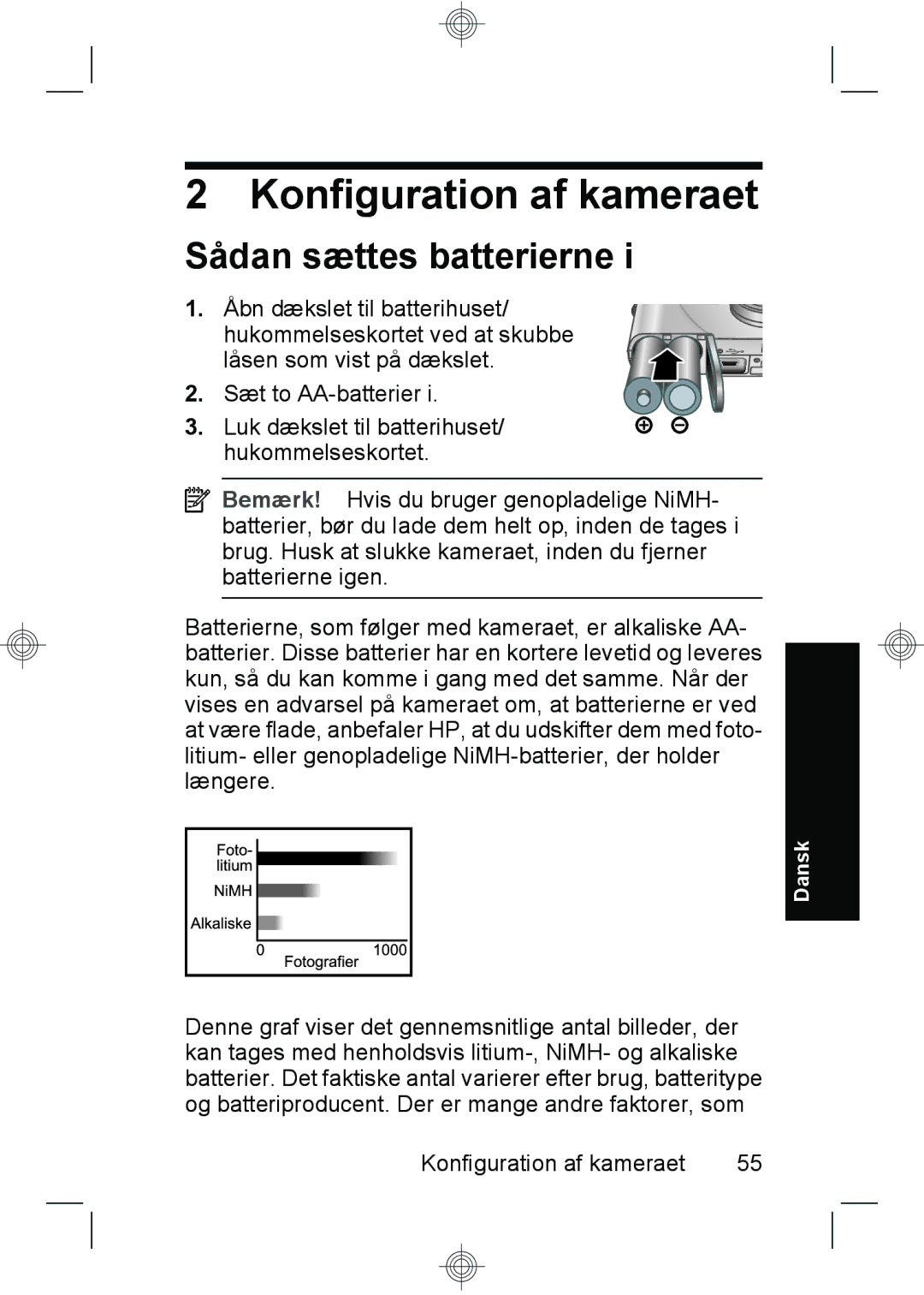 HP M540, M440, M630 manual Konfiguration af kameraet, Sådan sættes batterierne 