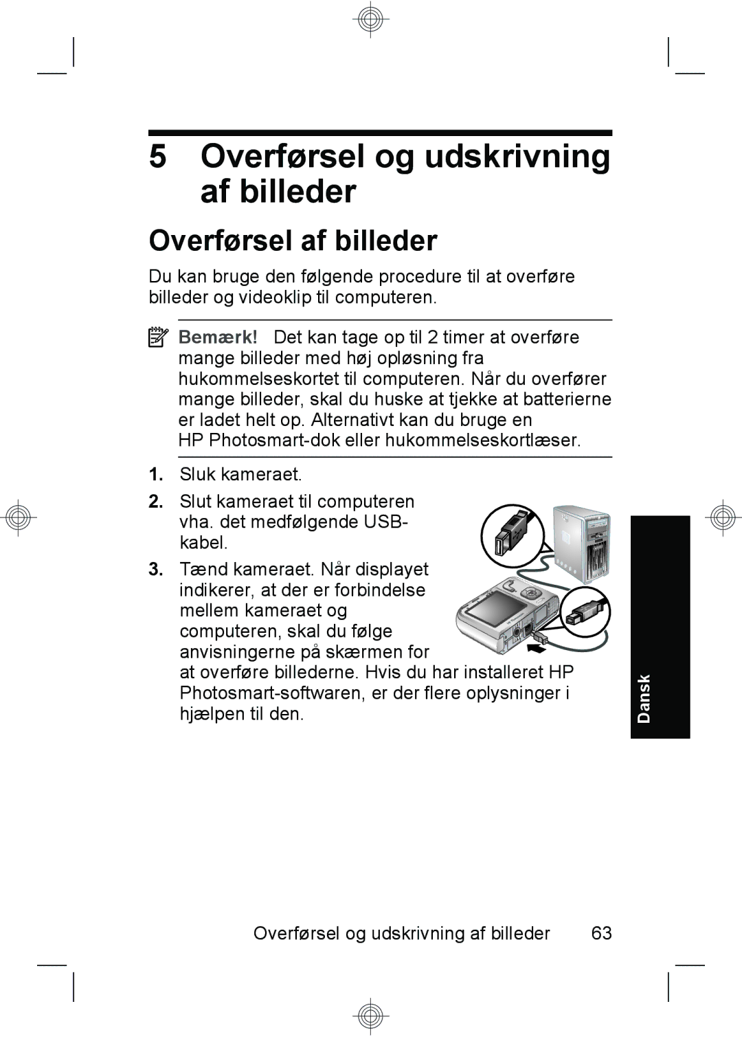 HP M440, M540, M630 manual Overførsel og udskrivning af billeder, Overførsel af billeder 