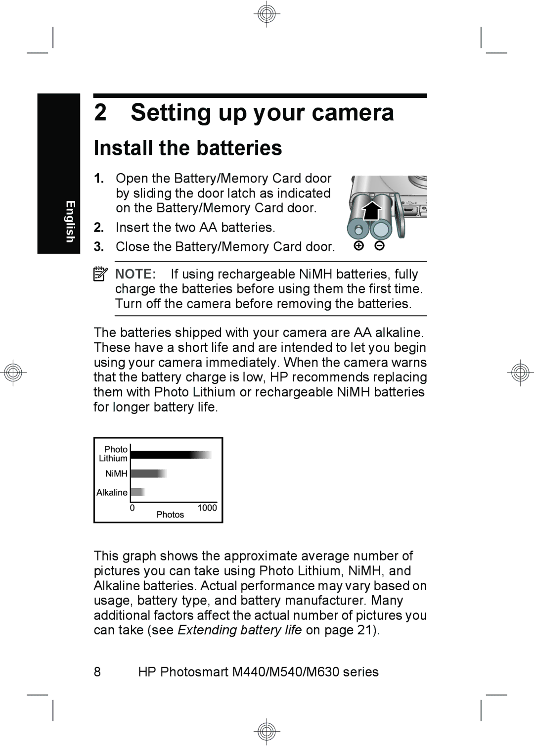 HP M630, M440, M540 manual Setting up your camera, Install the batteries 