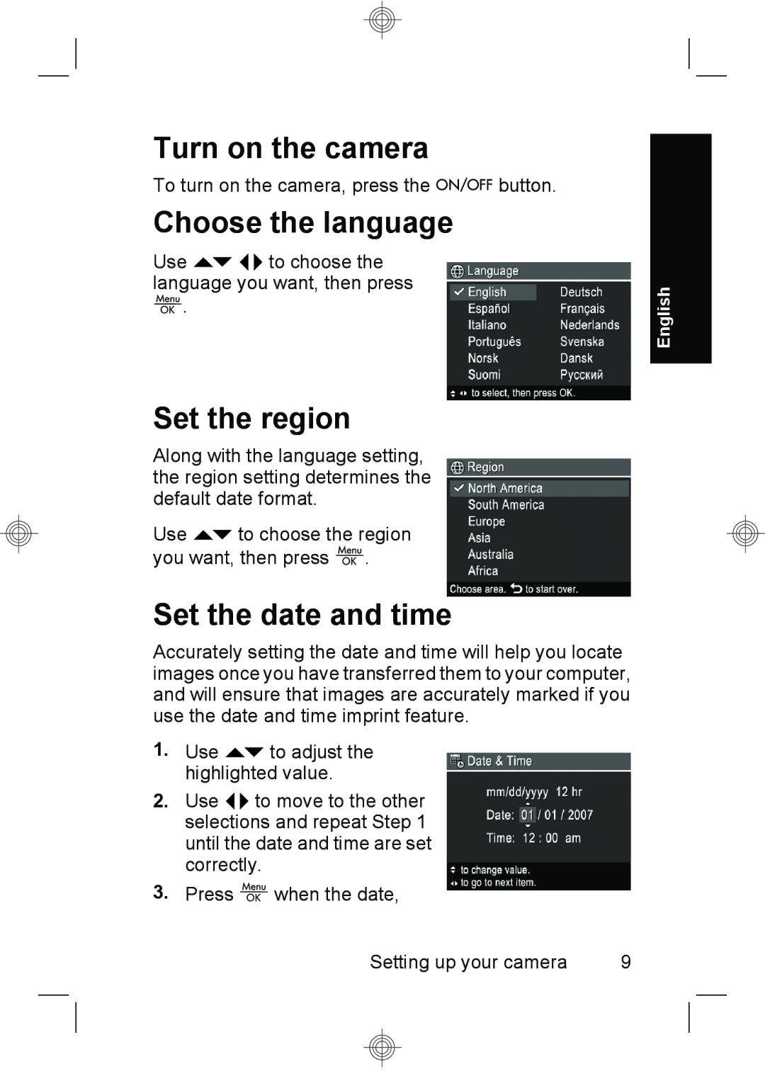 HP M440, M540, M630 manual Turn on the camera, Choose the language, Set the region, Set the date and time 