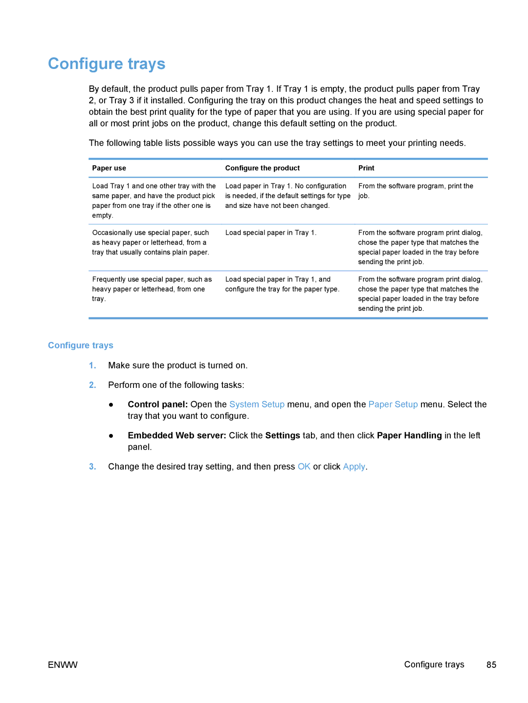 HP M375, M475 manual Configure trays, Paper use Configure the product 