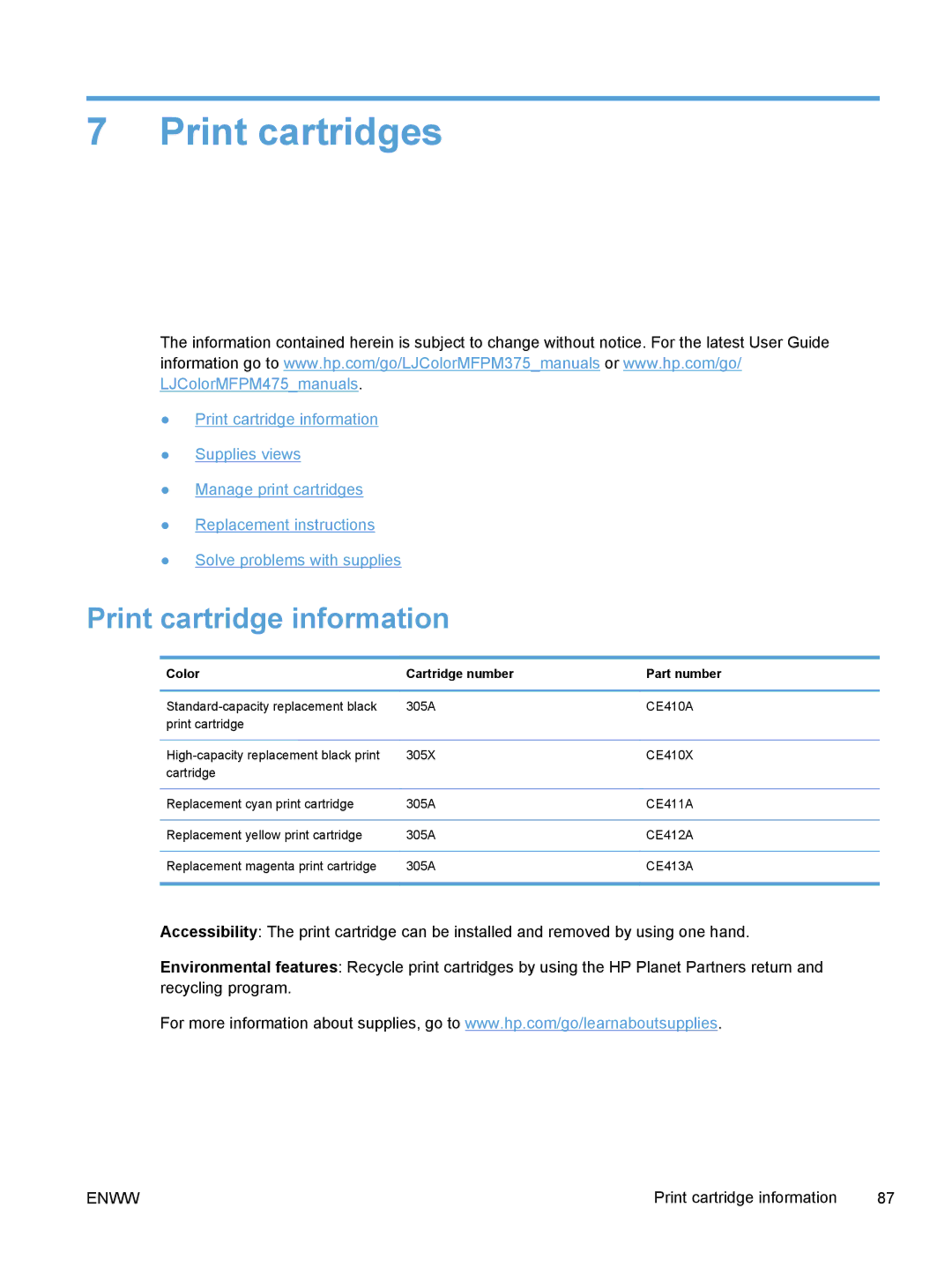 HP M375, M475 manual Print cartridges, Print cartridge information, Color Cartridge number Part number 