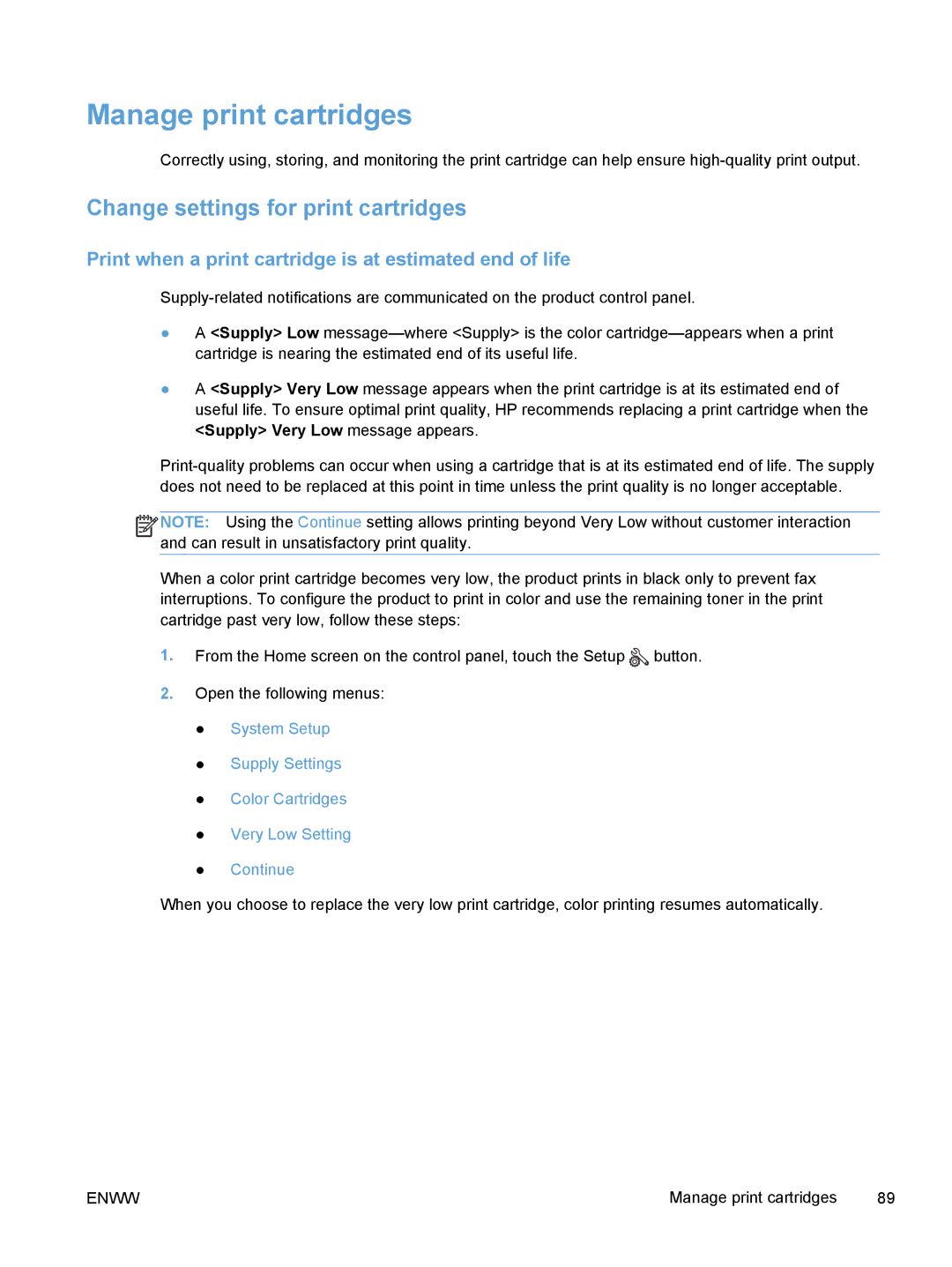 HP M375, M475 manual Manage print cartridges, Change settings for print cartridges 