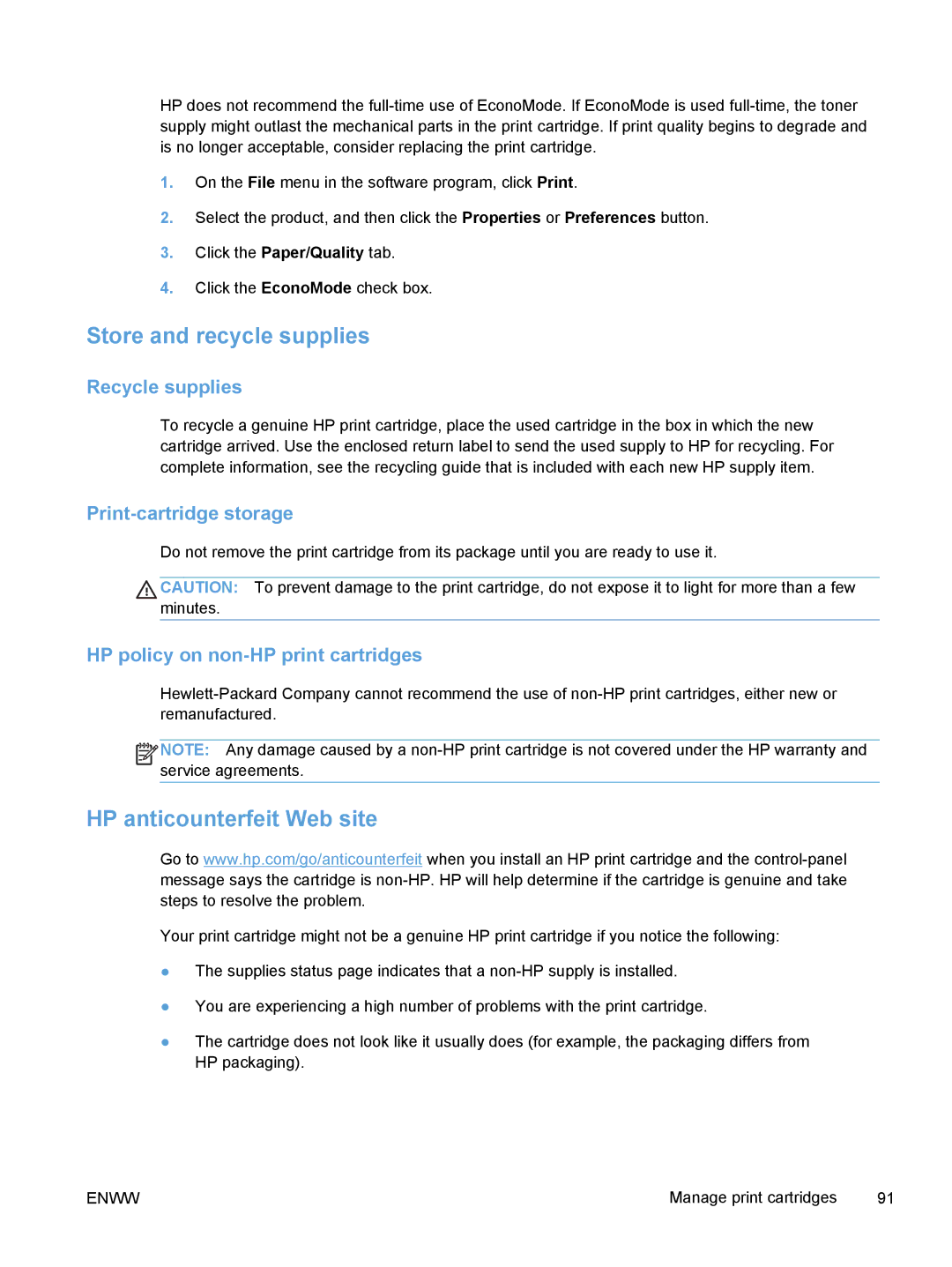 HP M375, M475 manual Store and recycle supplies, HP anticounterfeit Web site, Recycle supplies, Print-cartridge storage 