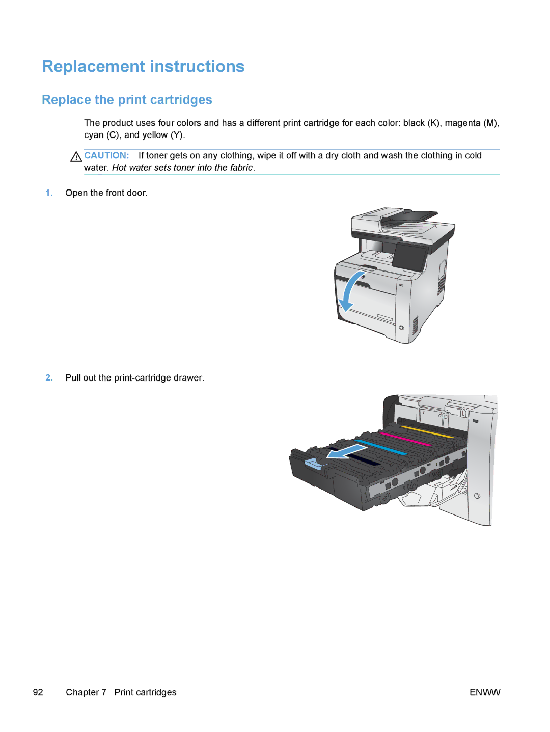 HP M475, M375 manual Replacement instructions, Replace the print cartridges 