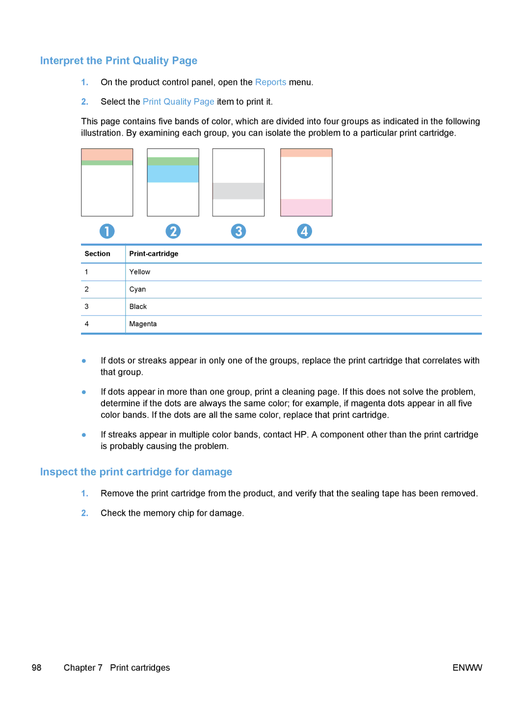 HP M475, M375 manual Interpret the Print Quality, Inspect the print cartridge for damage, Section 