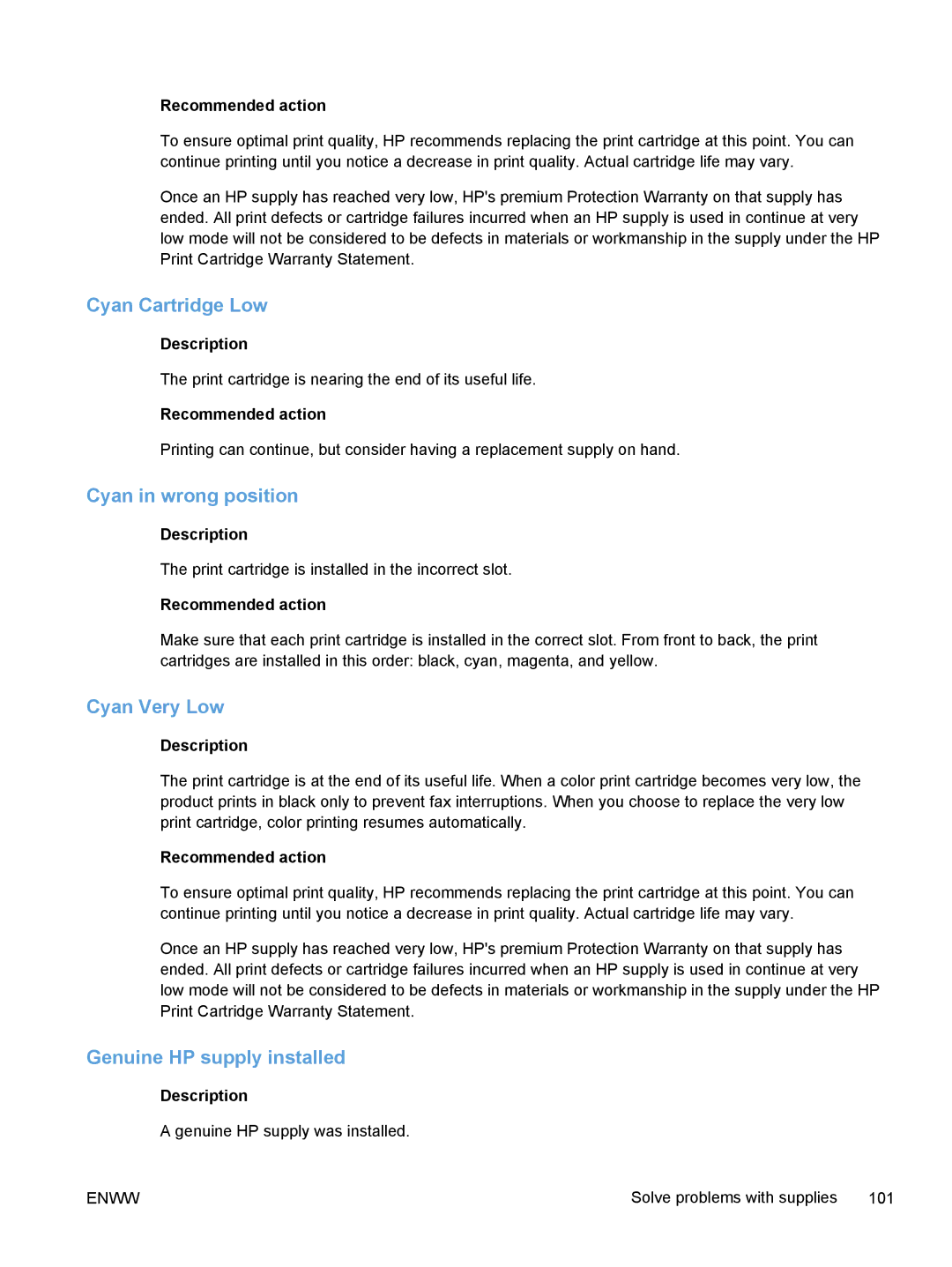 HP M375, M475 manual Cyan Cartridge Low, Cyan in wrong position, Cyan Very Low, Genuine HP supply installed 