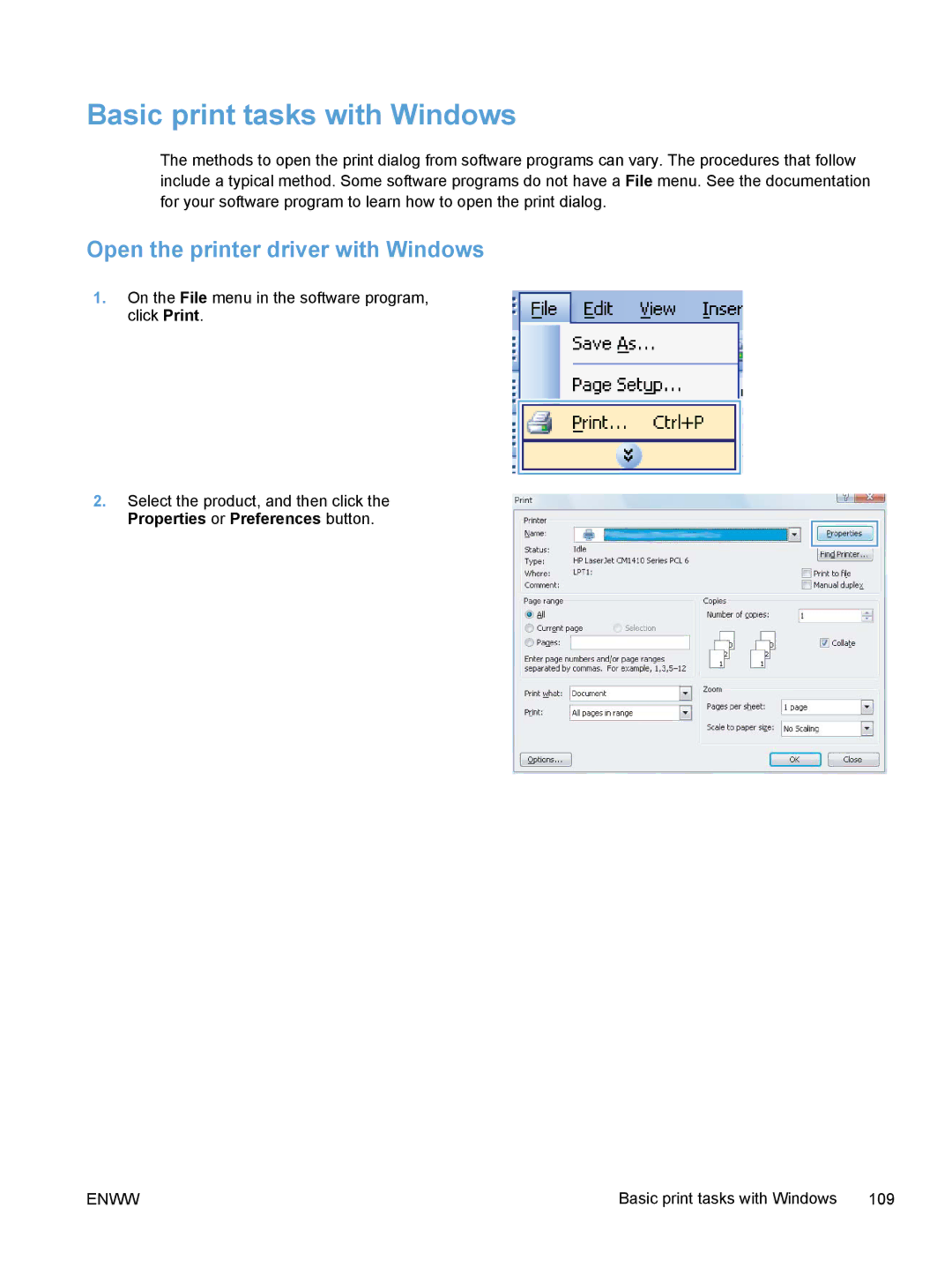 HP M375, M475 manual Basic print tasks with Windows, Open the printer driver with Windows 