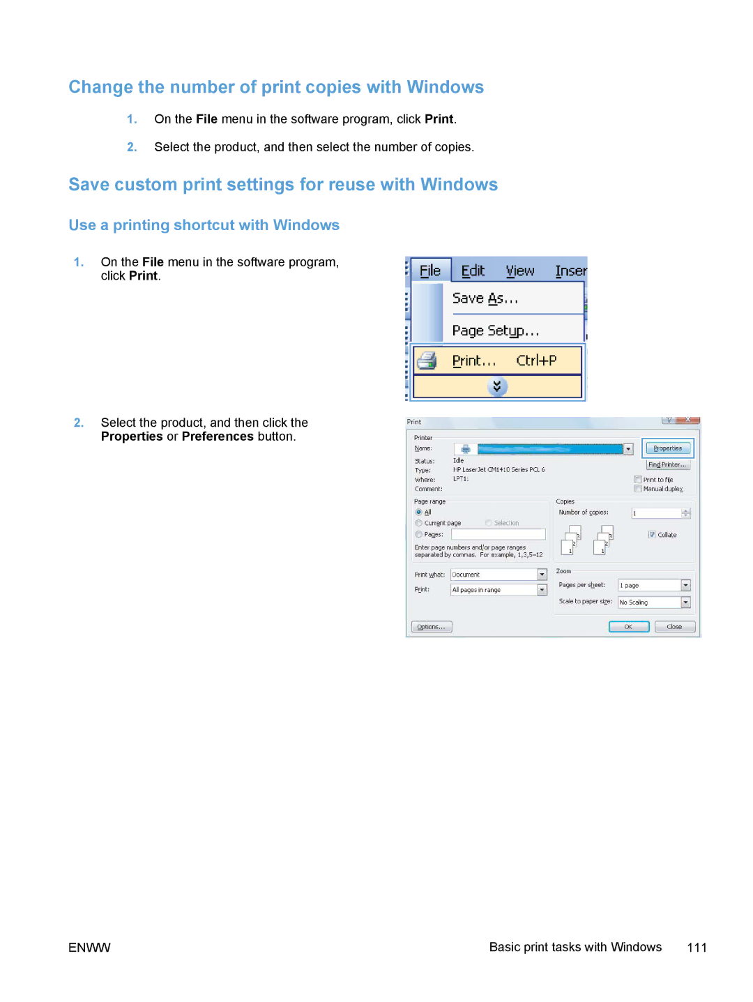 HP M375, M475 manual Change the number of print copies with Windows, Save custom print settings for reuse with Windows 