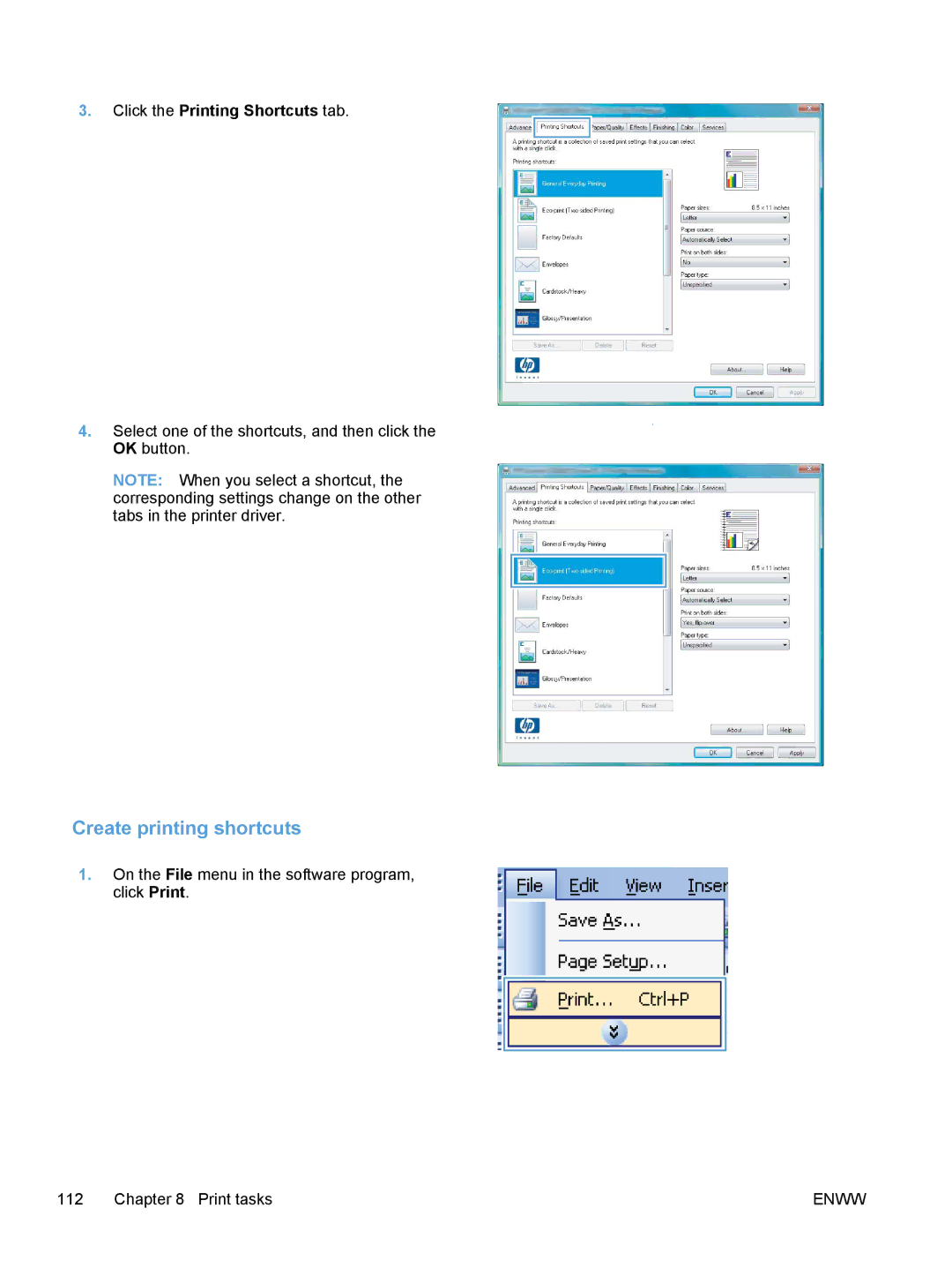 HP M475, M375 manual Create printing shortcuts 