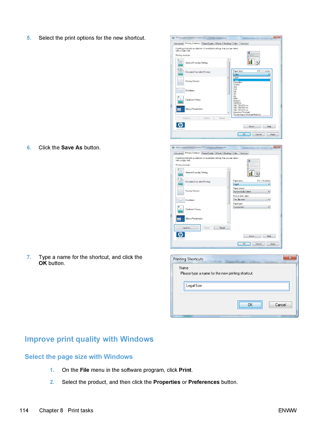 HP M475, M375 manual Improve print quality with Windows, Select the page size with Windows 