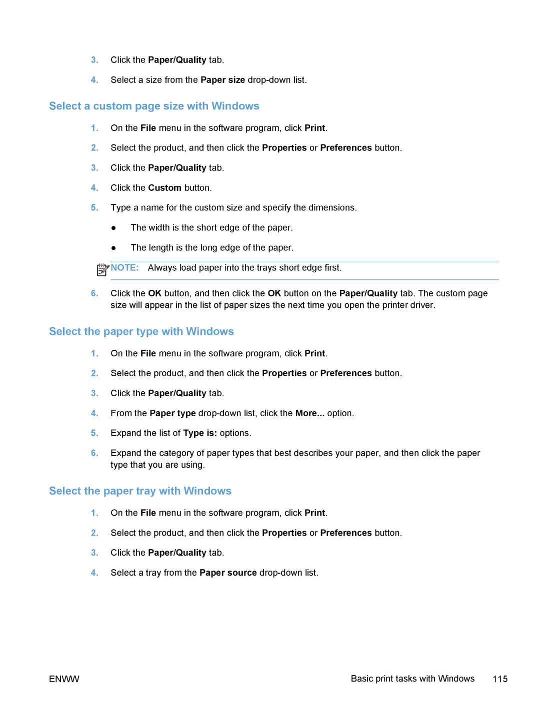 HP M375 Select a custom page size with Windows, Select the paper type with Windows, Select the paper tray with Windows 