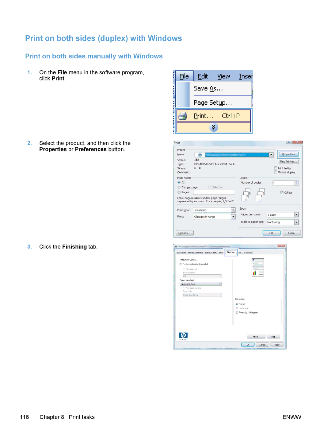 HP M475, M375 Print on both sides duplex with Windows, Print on both sides manually with Windows 