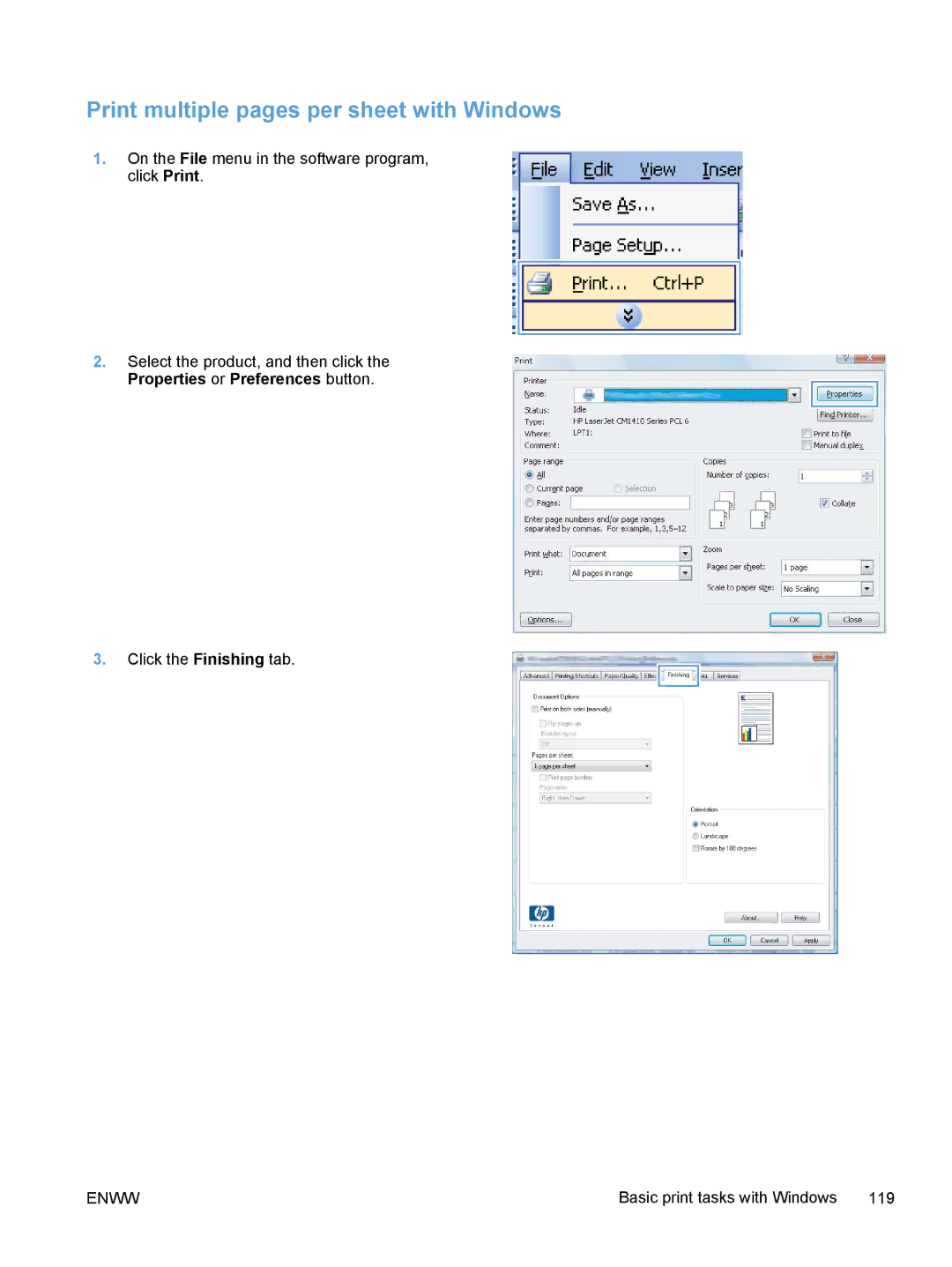 HP M375, M475 manual Print multiple pages per sheet with Windows 