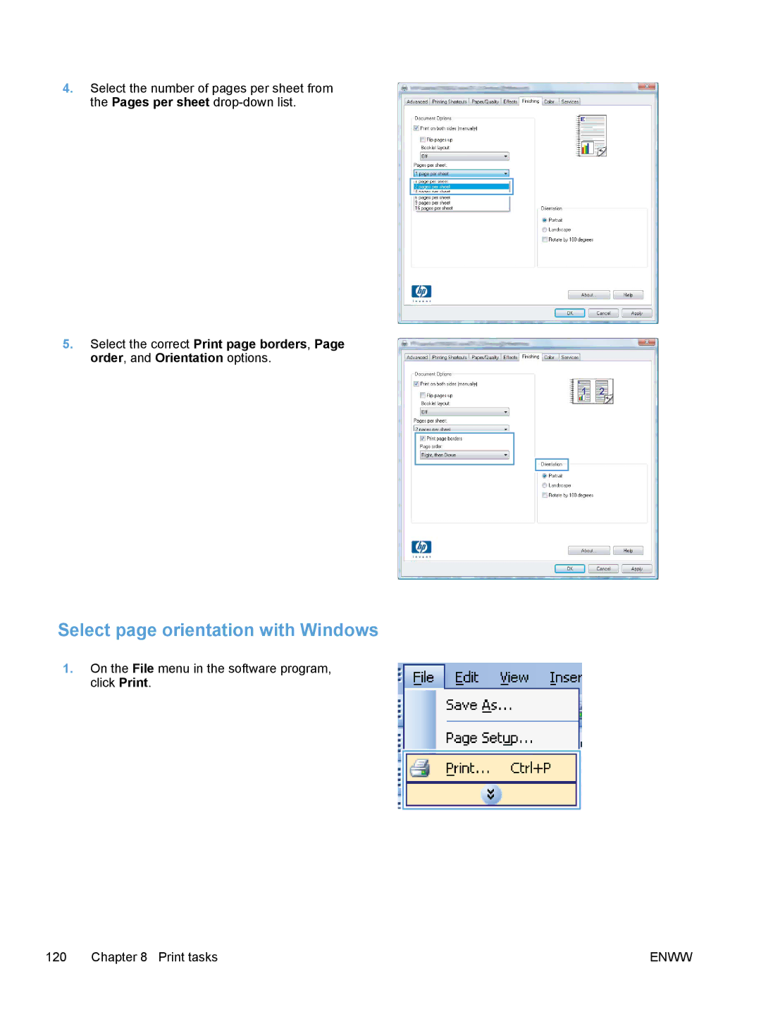 HP M475, M375 manual Select page orientation with Windows 