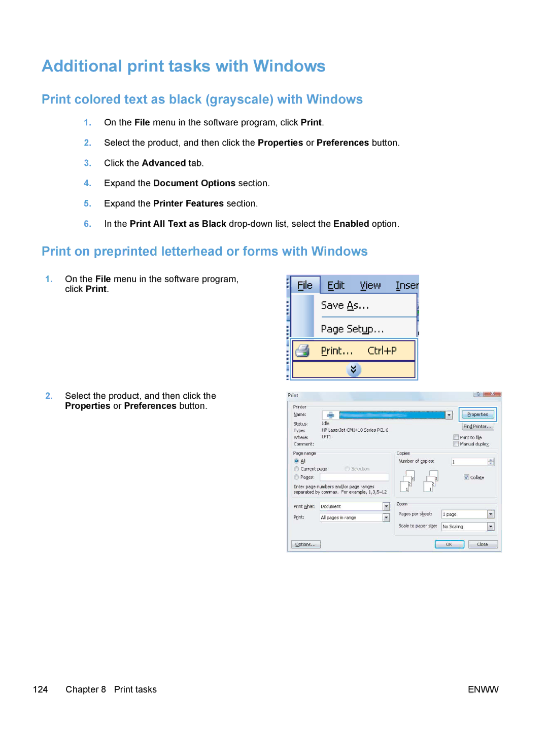 HP M475, M375 manual Additional print tasks with Windows, Print colored text as black grayscale with Windows 