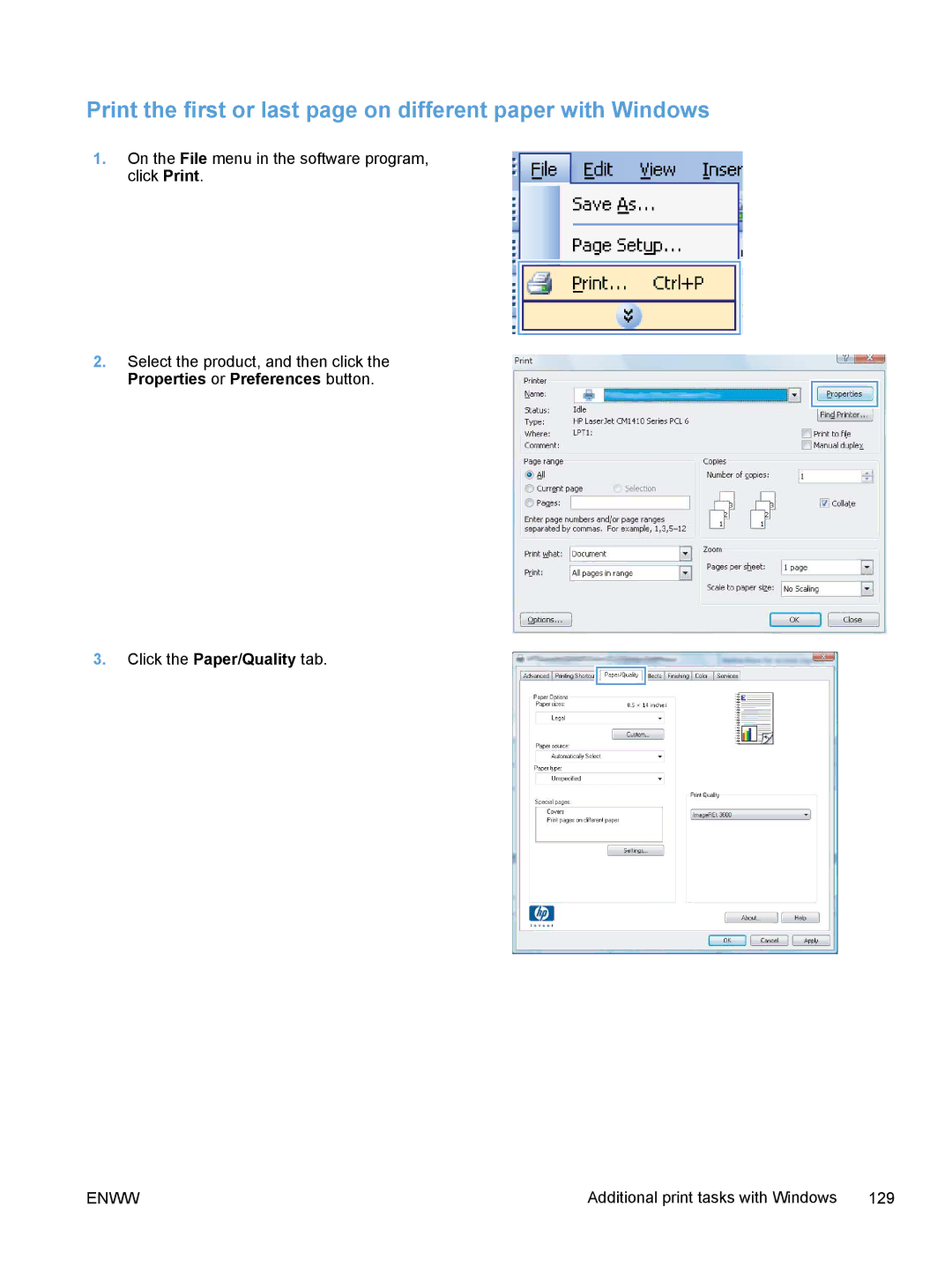 HP M375, M475 manual Print the first or last page on different paper with Windows 