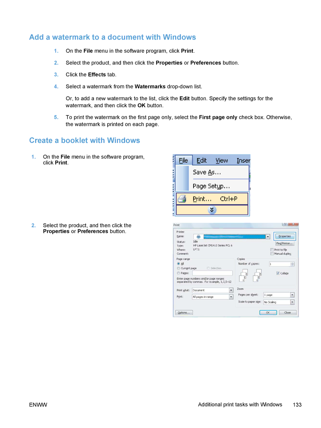 HP M375, M475 manual Add a watermark to a document with Windows, Create a booklet with Windows 